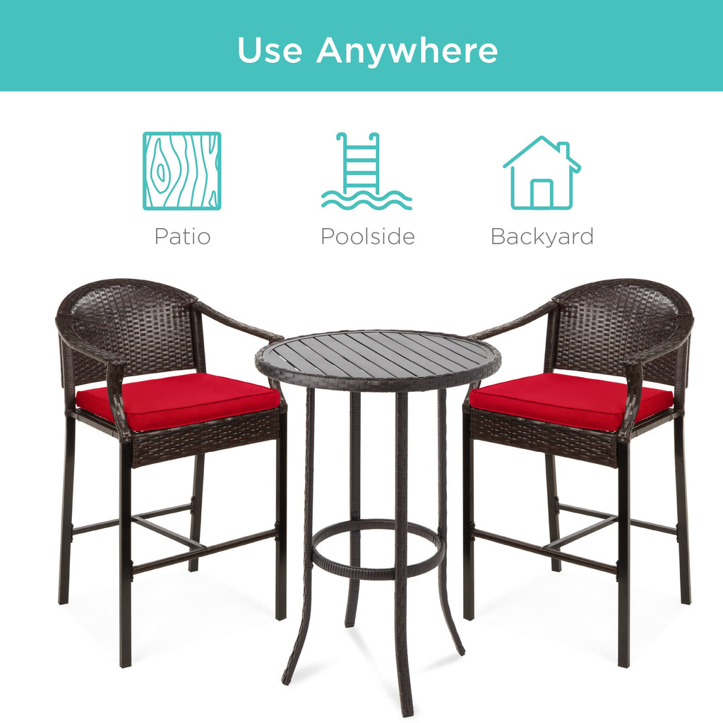 3-Piece Outdoor Bistro Wicker Table Bar Set w/ Bar Stools, Footrests