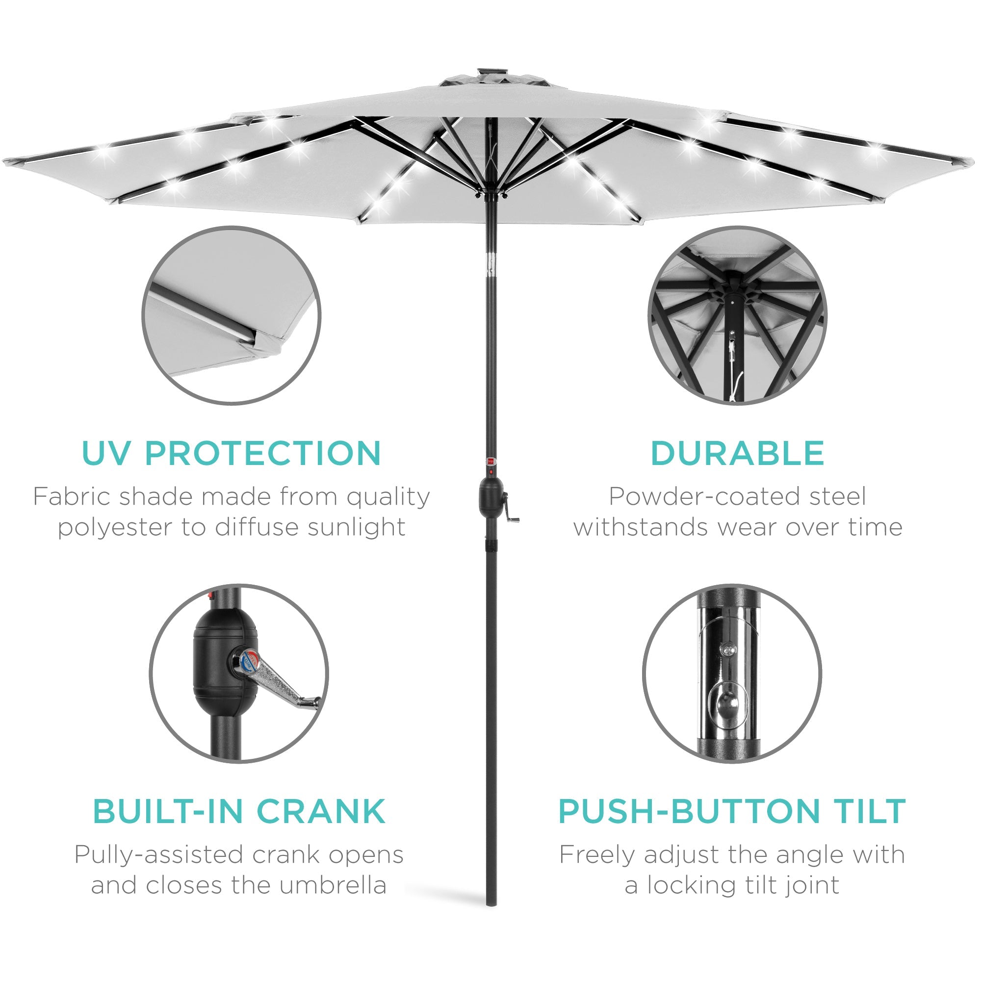 Solar LED Lighted Patio Umbrella w/ Tilt Adjustment, UV-Resistant - 10ft