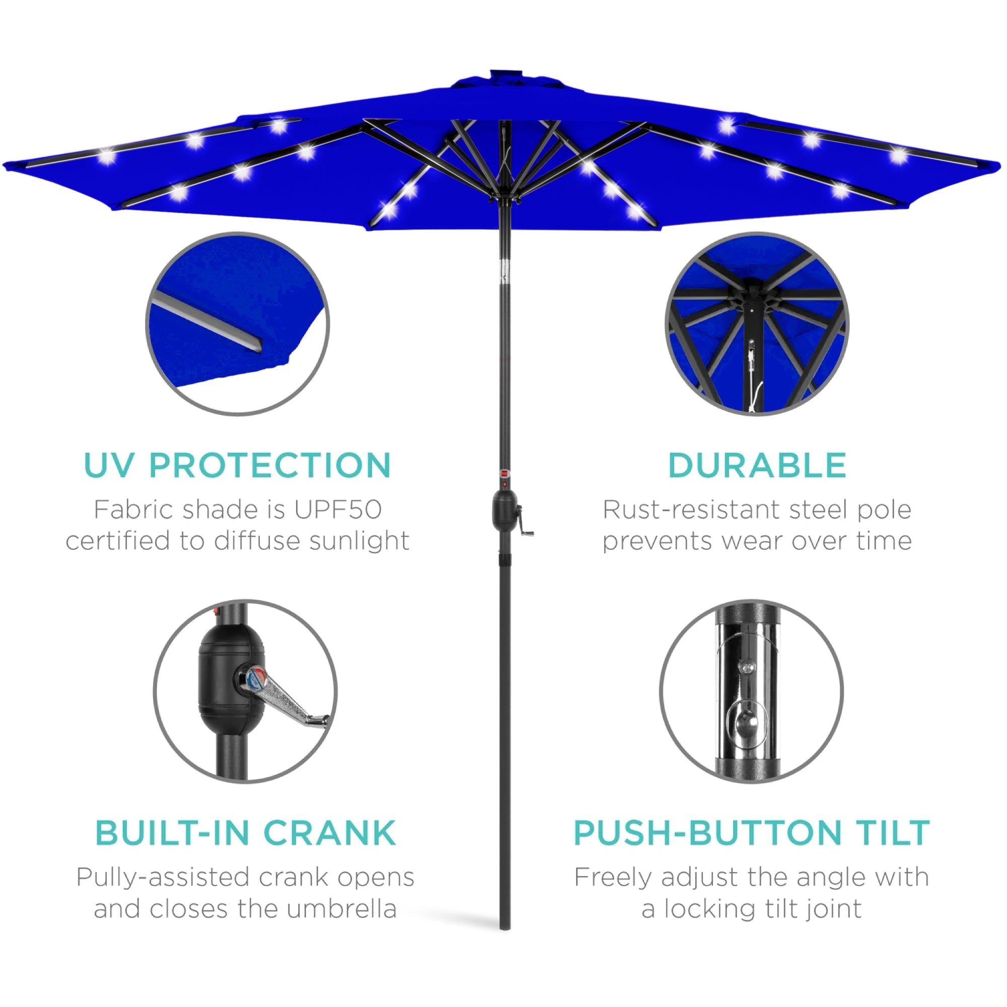 Solar LED Lighted Patio Umbrella w/ Tilt Adjustment, UV-Resistant - 10ft
