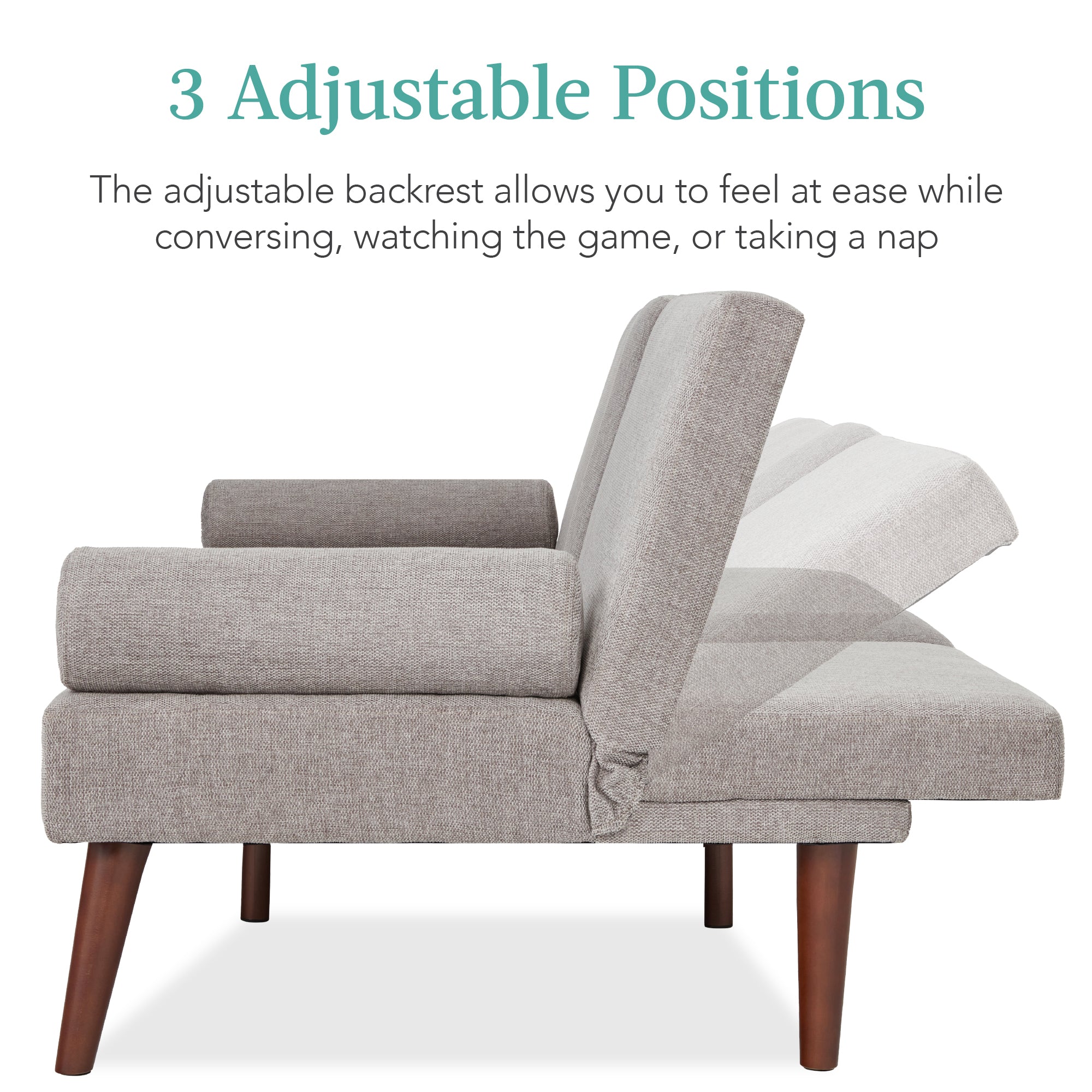 Fabric Upholstered Convertible Futon w/ Rounded Armrests, 2 Cupholders