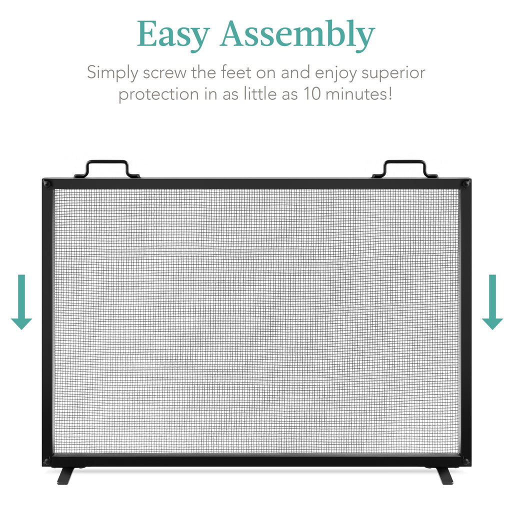 Single Panel Handcrafted Steel Mesh Fireplace Screen w/ Handles - 38x27in