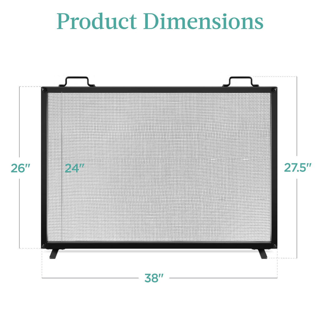Single Panel Handcrafted Steel Mesh Fireplace Screen w/ Handles - 38x27in