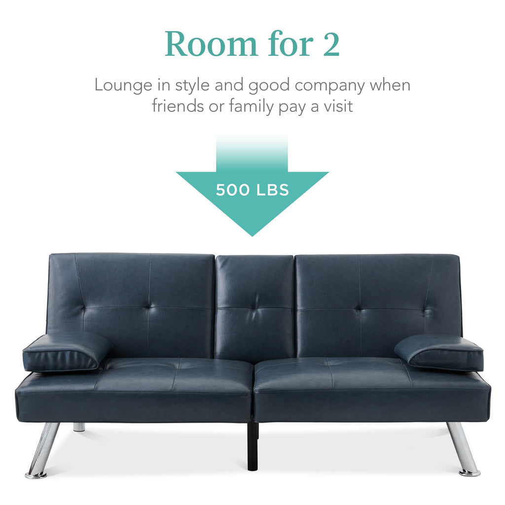 Faux Leather Upholstered Convertible Sofa Bed Futon w/ 2 Cupholders