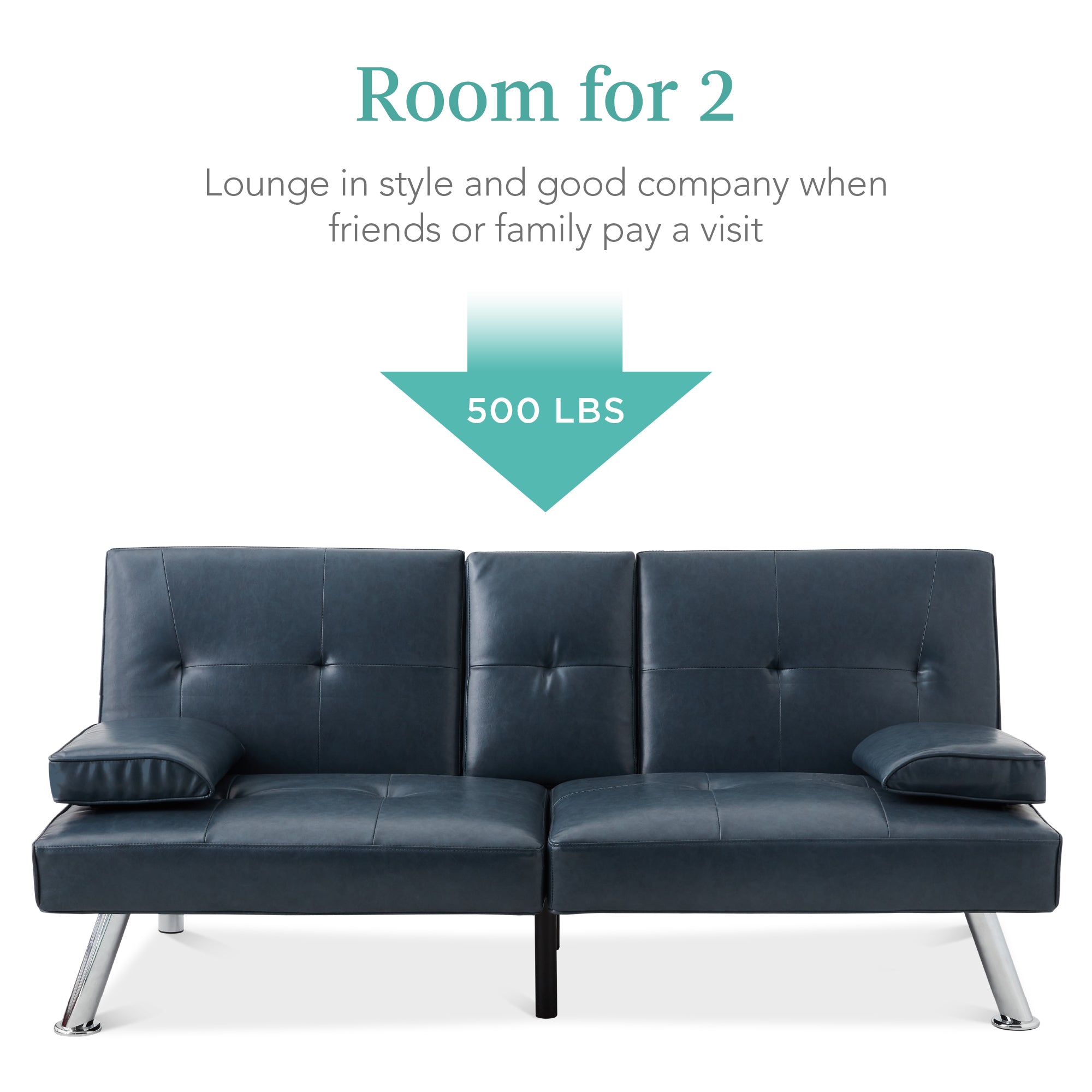 Faux Leather Upholstered Convertible Sofa Bed Futon w/ 2 Cupholders