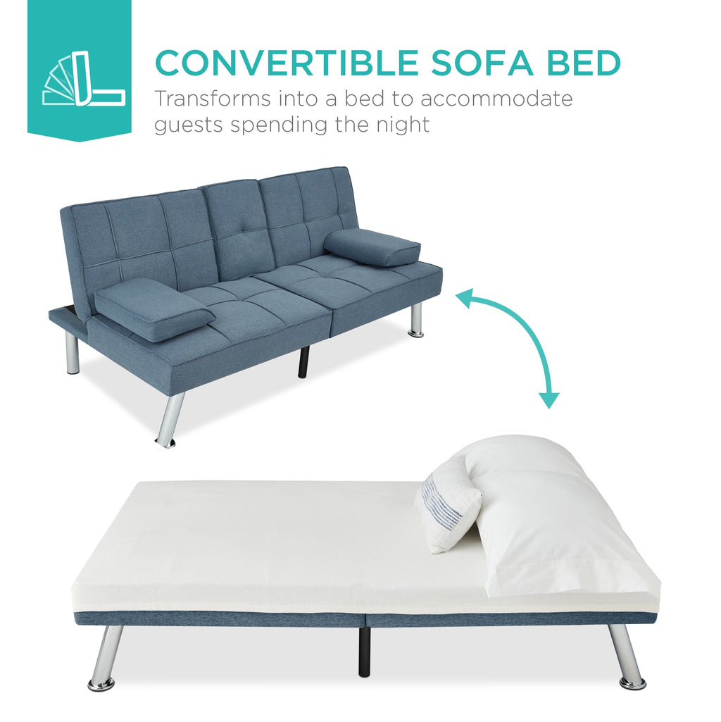 Linen Upholstered Convertible Sofa Bed Futon w/ 2 Cupholders