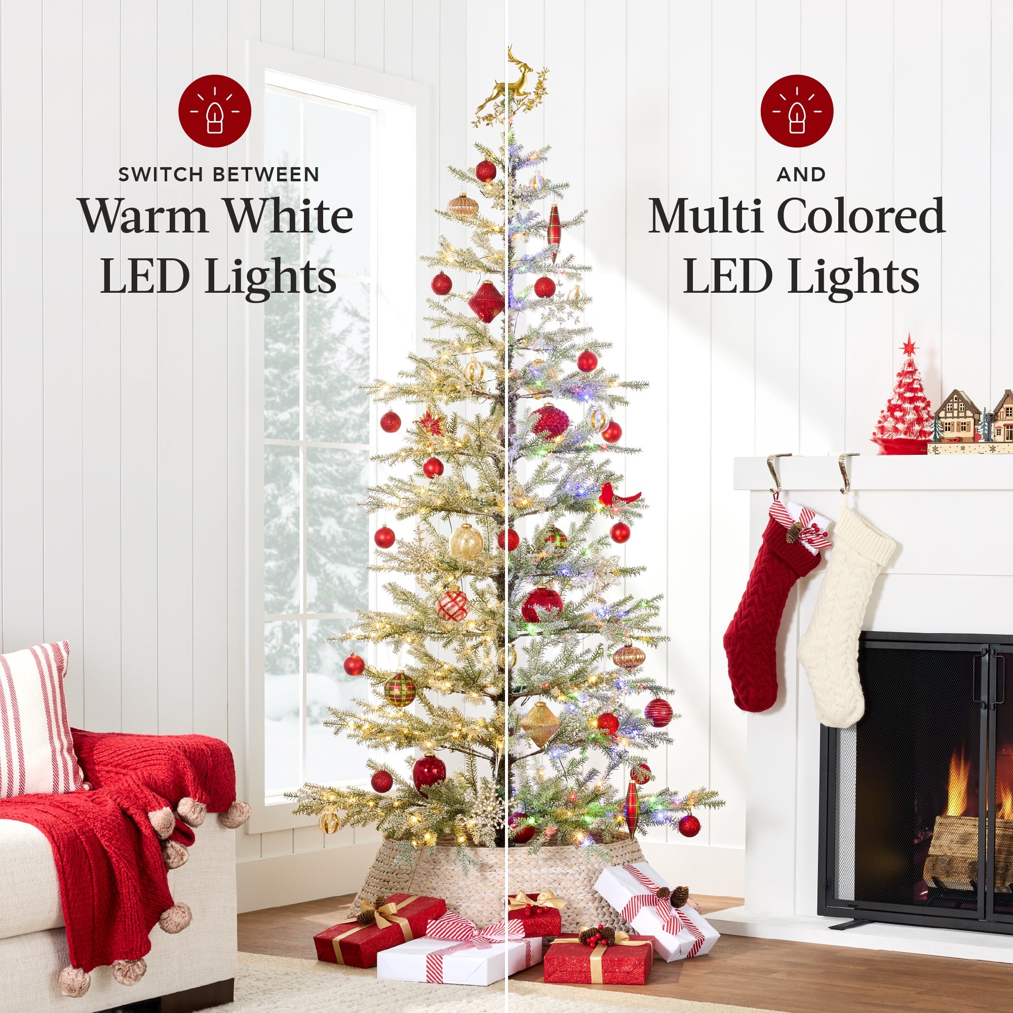 Green Pre-Lit Sparse Flocked Christmas Tree w/ 2-in-1 LEDs, Cordless Connection