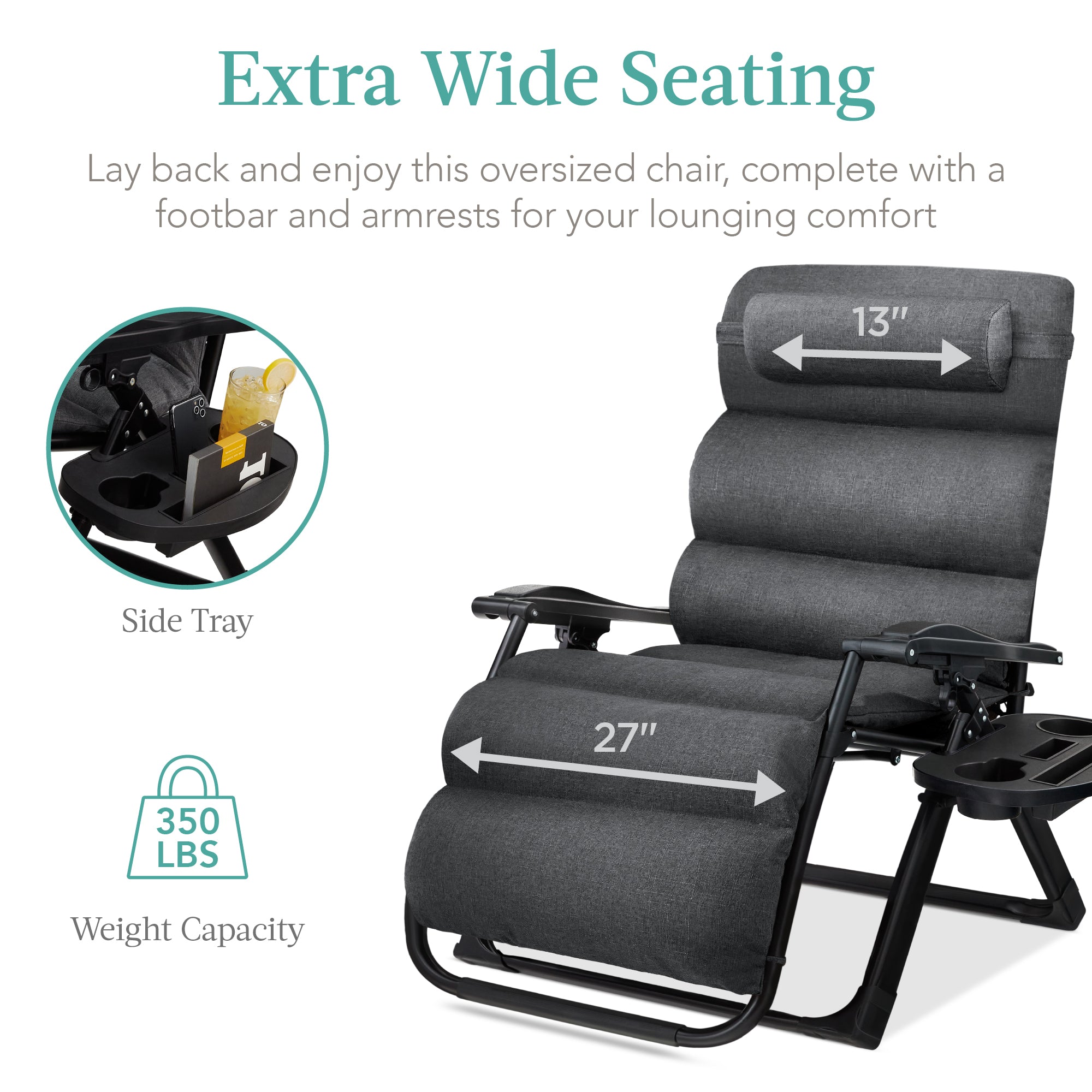 Oversized Zero Gravity Chair, Folding Outdoor Recliner w/ Removable Cushion