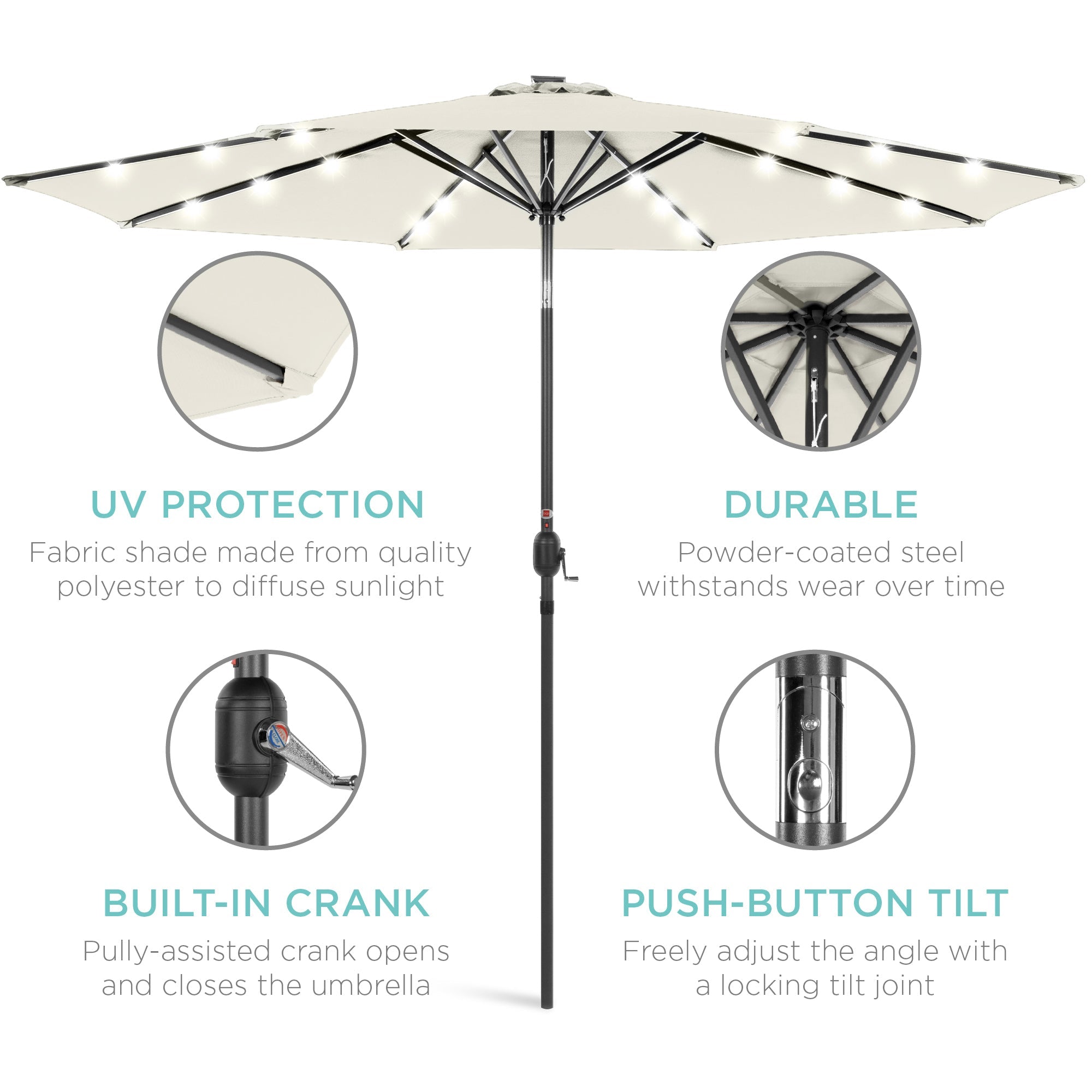 Solar LED Lighted Patio Umbrella w/ Tilt Adjustment, UV-Resistant - 10ft
