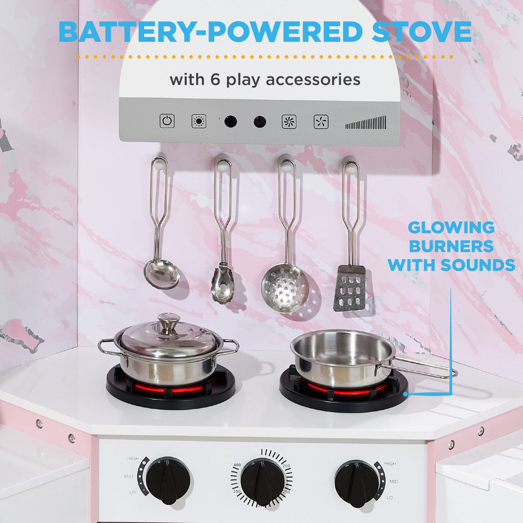 Pretend Play Corner Kitchen Wooden Toy Set for Kids w/ Lights, Sounds