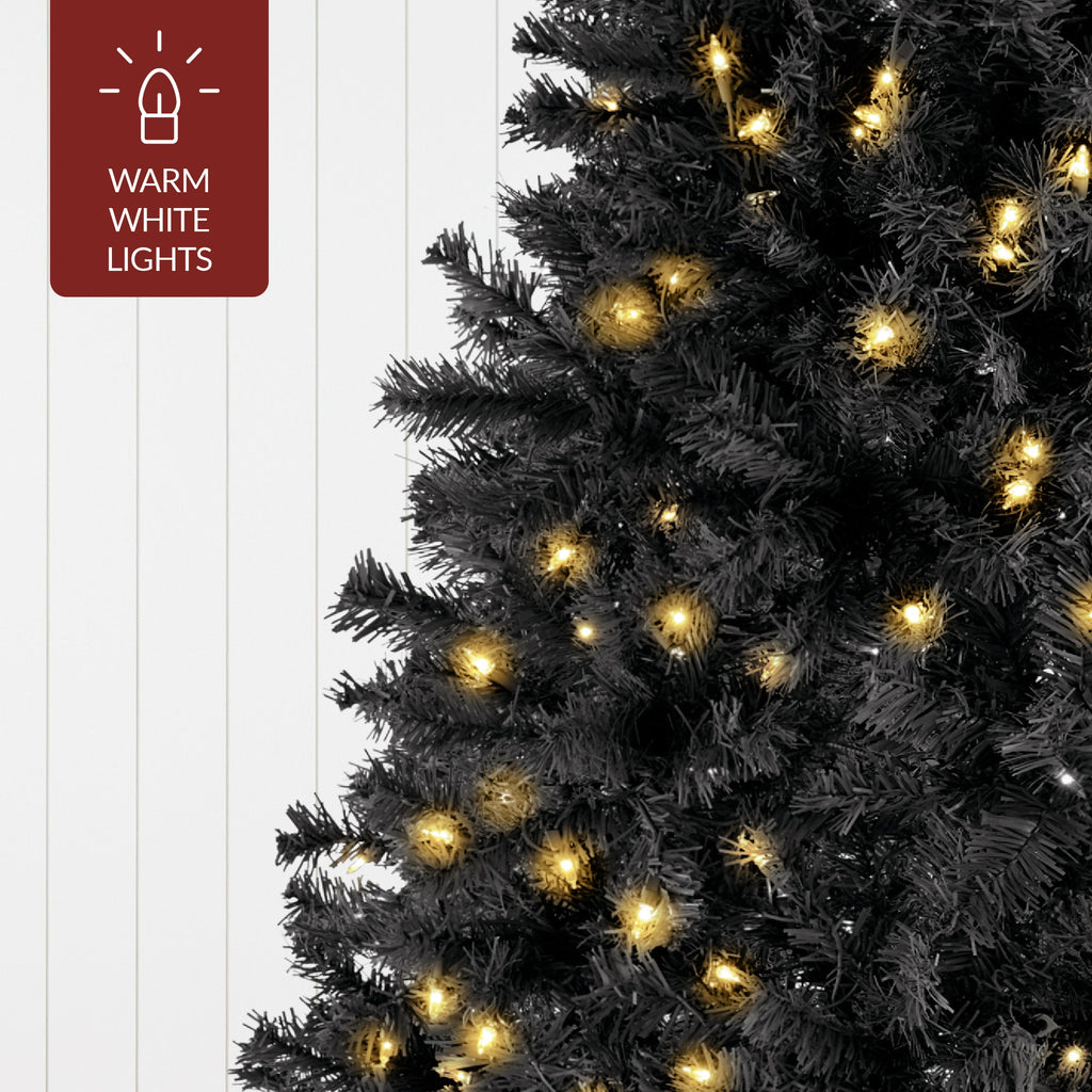 Pre-Lit Artificial Black Christmas Tree w/ Incandescent Lights, Metal Stand