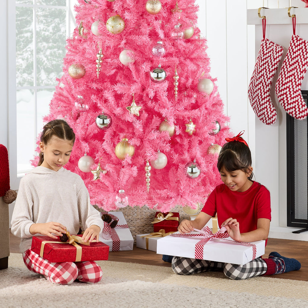 Artificial Pink Christmas Tree, Unlit Pine Design w/Easy Assembly