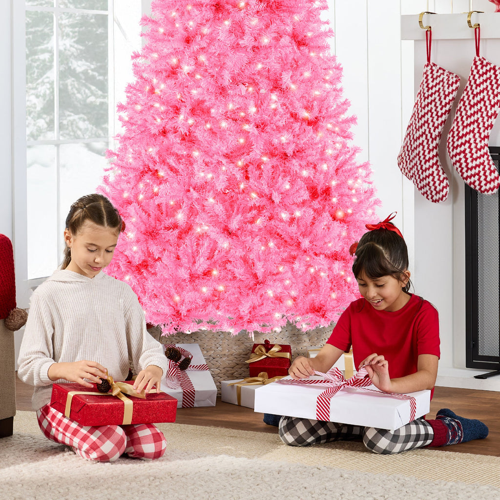 Pre-Lit Artificial Pink Christmas Tree w/ Incandescent Lights, Metal Stand