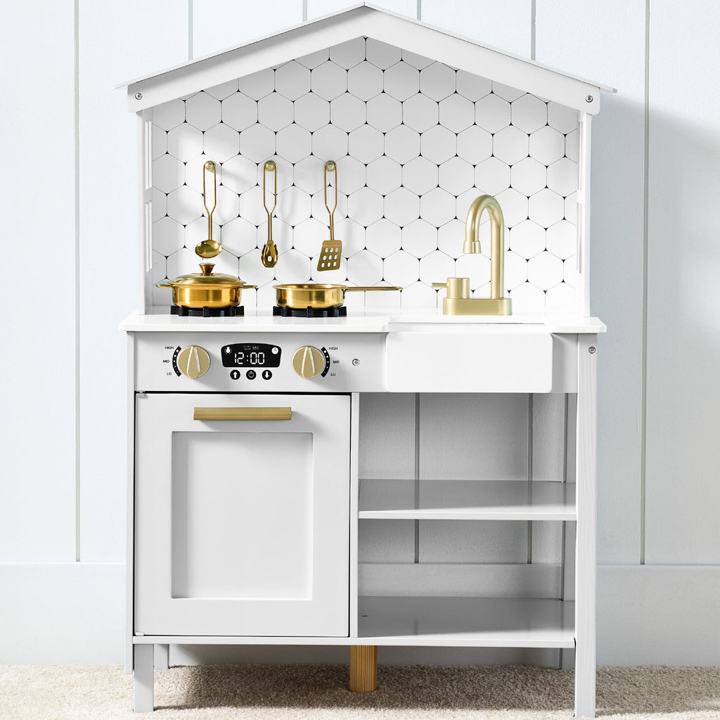 Pretend Play Wooden Farmhouse Kitchen Set w/ Storage, 5 Accessories