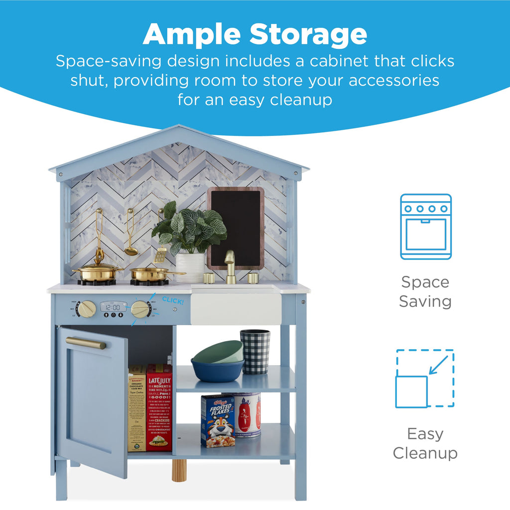 Pretend Play Wooden Farmhouse Kitchen Set w/ Storage, 5 Accessories