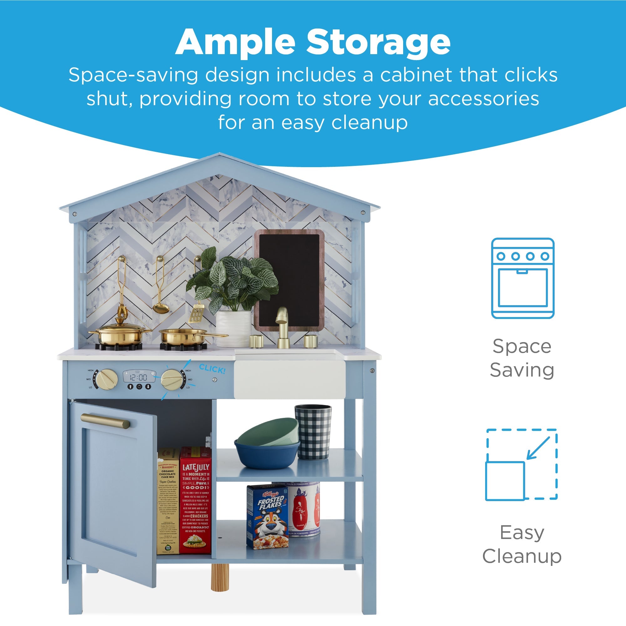 Pretend Play Wooden Farmhouse Kitchen Set w/ Storage, 5 Accessories