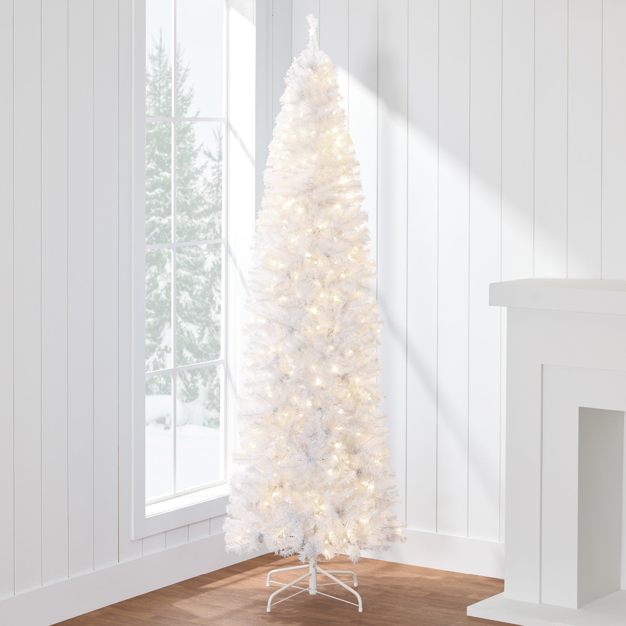 Pre-Lit White Pencil Christmas Tree w/ Metal Base, Incandescent Lights