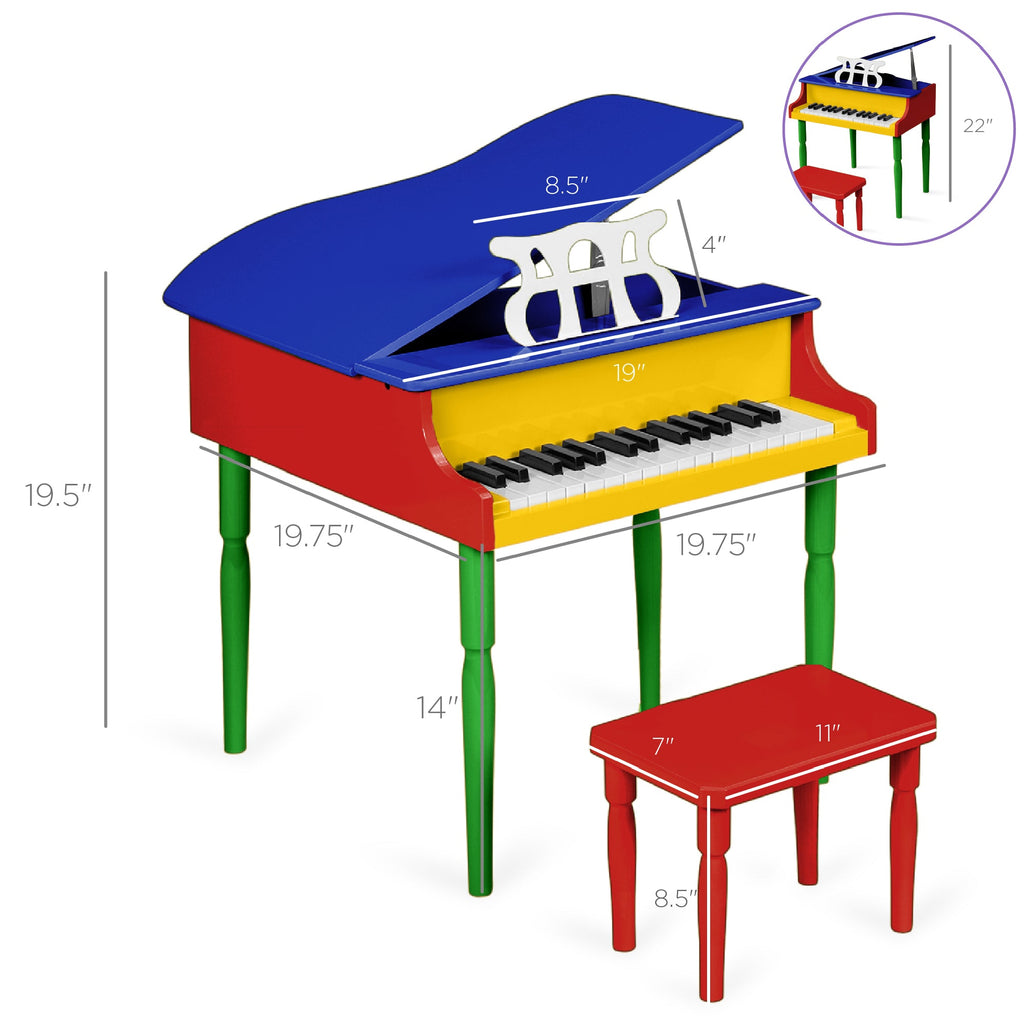 Kids Mini Wooden Grand Piano w/ Lid, Bench, Music Rack, Song Book, Stickers