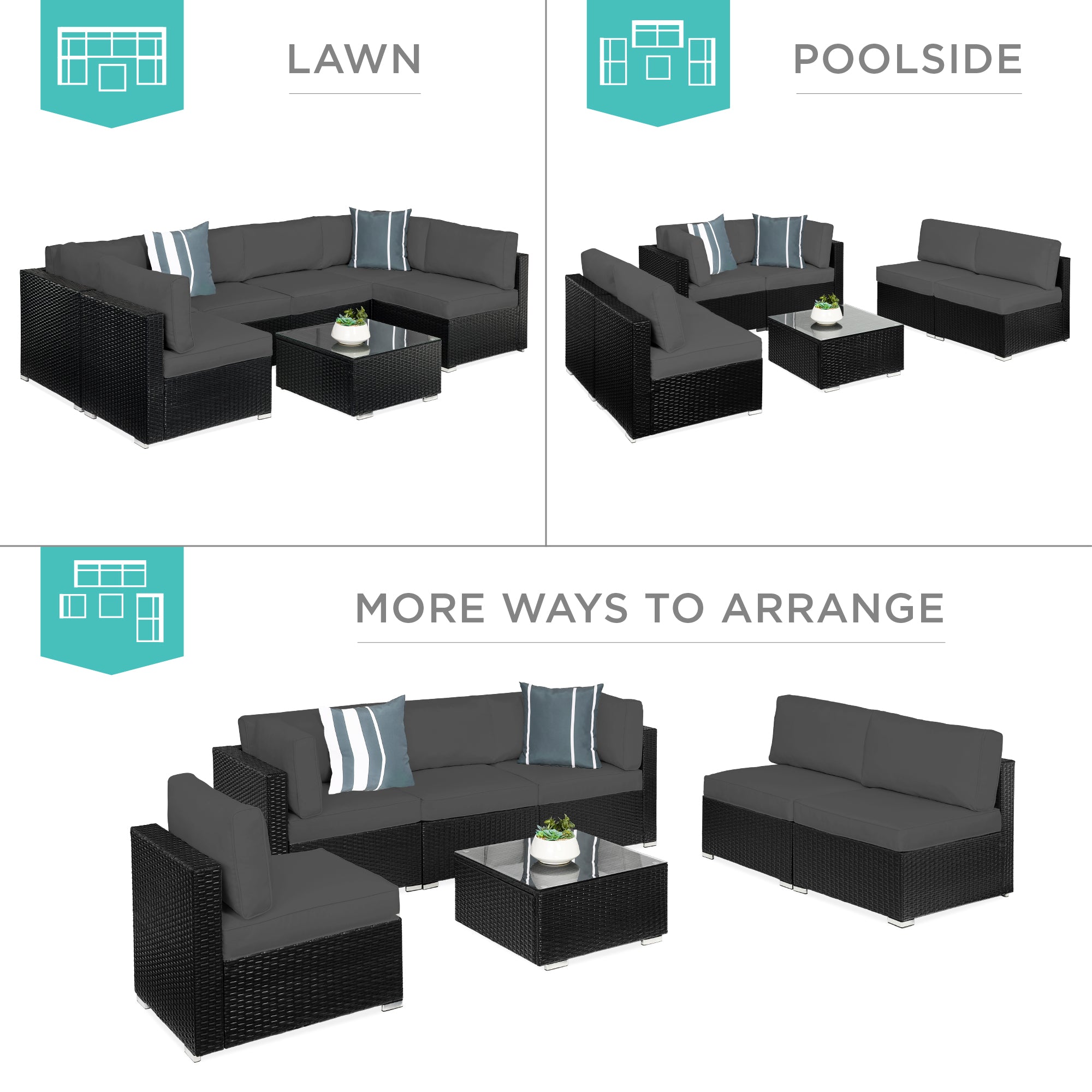 7-Piece Modular Wicker Sectional Conversation Set w/ 2 Pillows, Cover