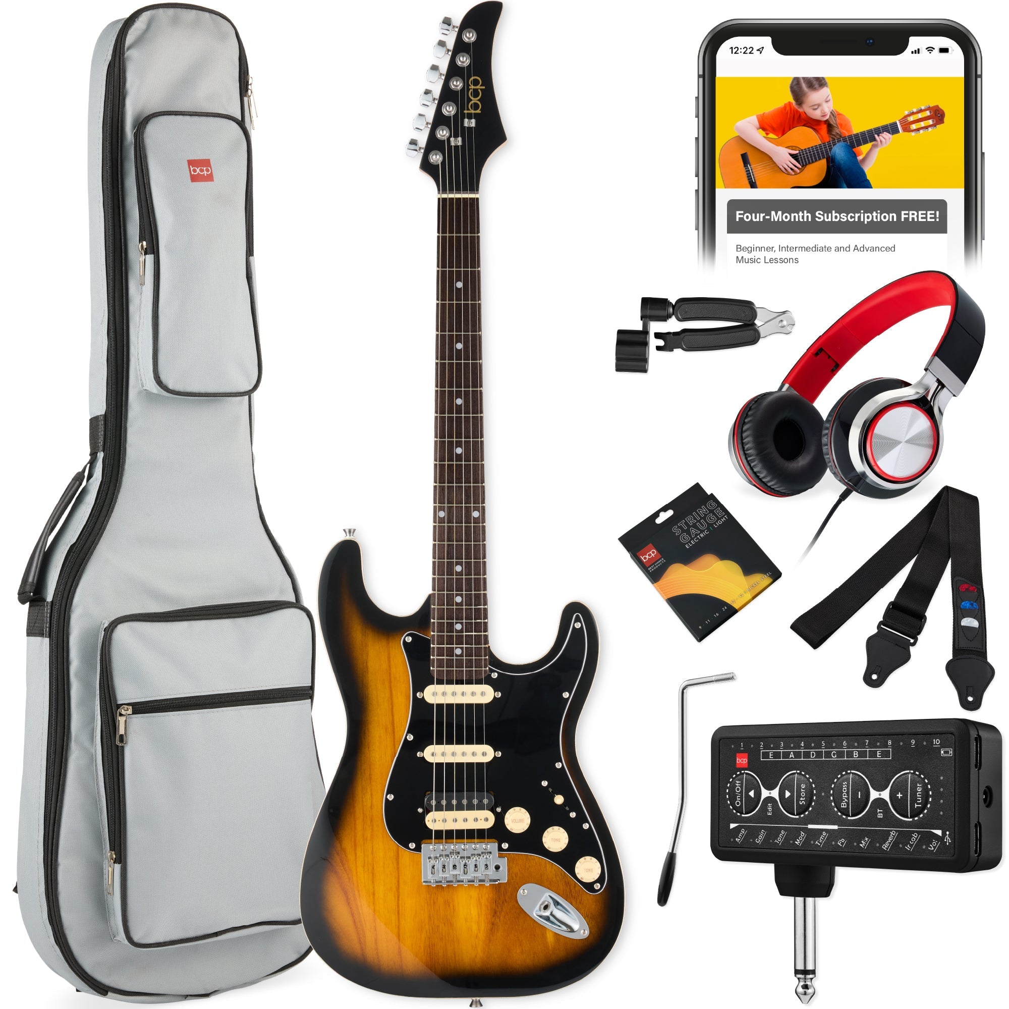 Beginner Electric Guitar Kit w/ Headphone Amp, Padded Gig Bag, Headphones