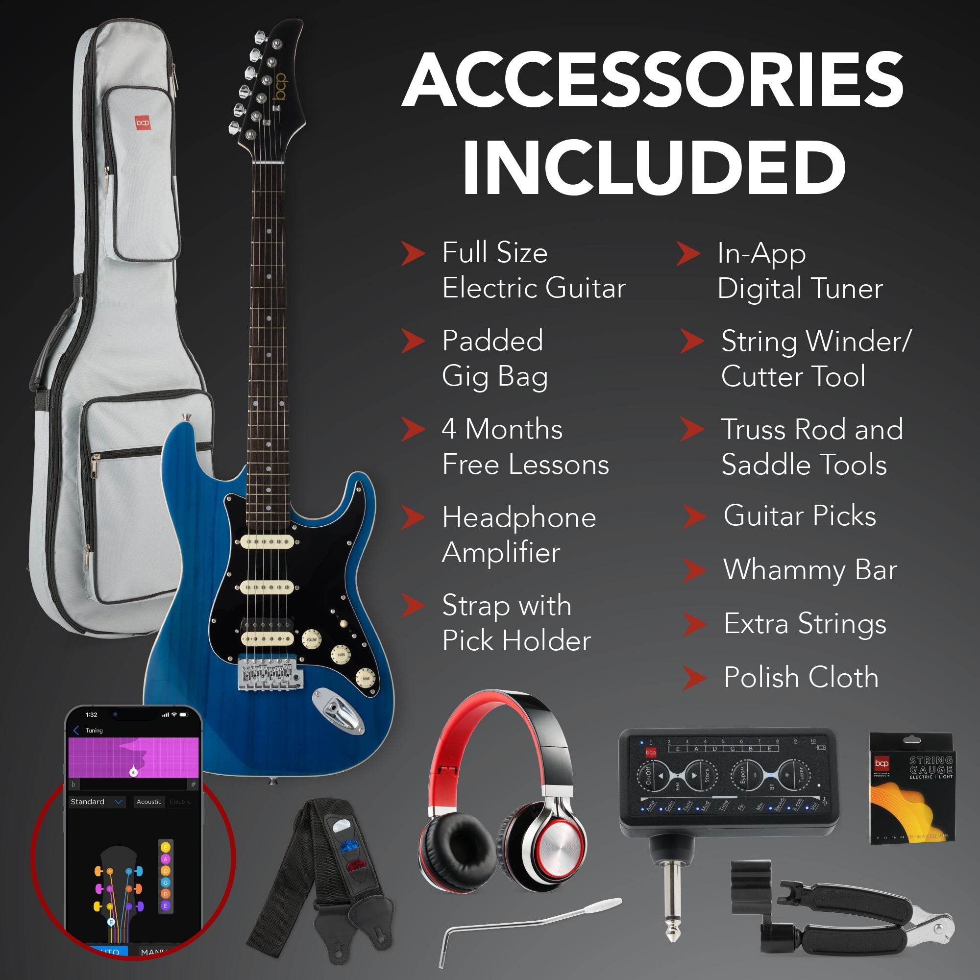 Beginner Electric Guitar Kit w/ Headphone Amp, Padded Gig Bag, Headphones