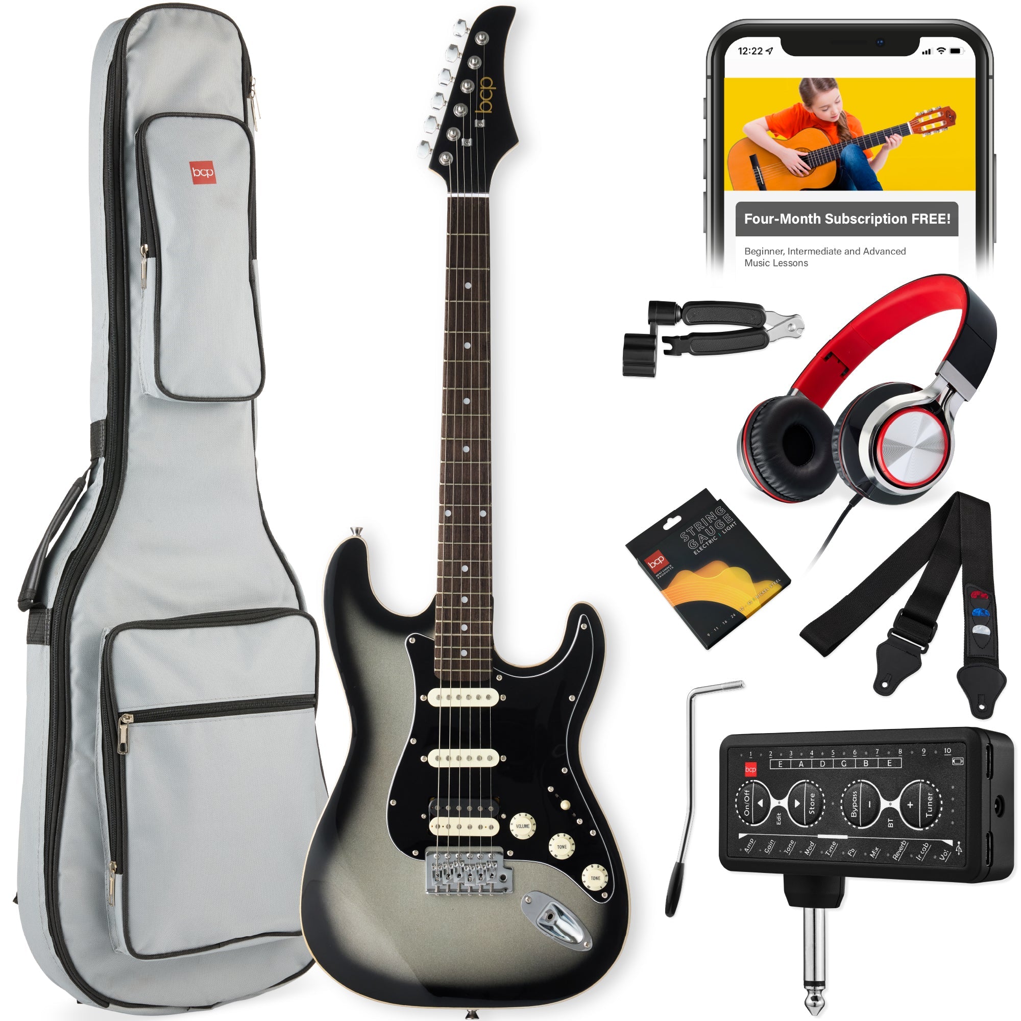 Beginner Electric Guitar Kit w/ Headphone Amp, Padded Gig Bag, Headphones