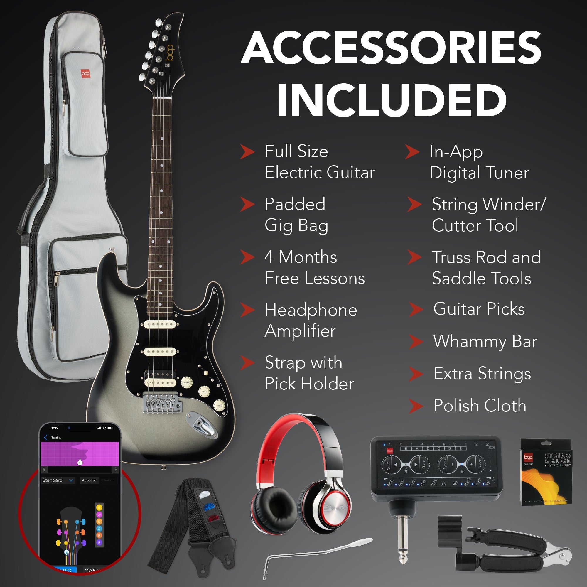 Beginner Electric Guitar Kit w/ Headphone Amp, Padded Gig Bag, Headphones