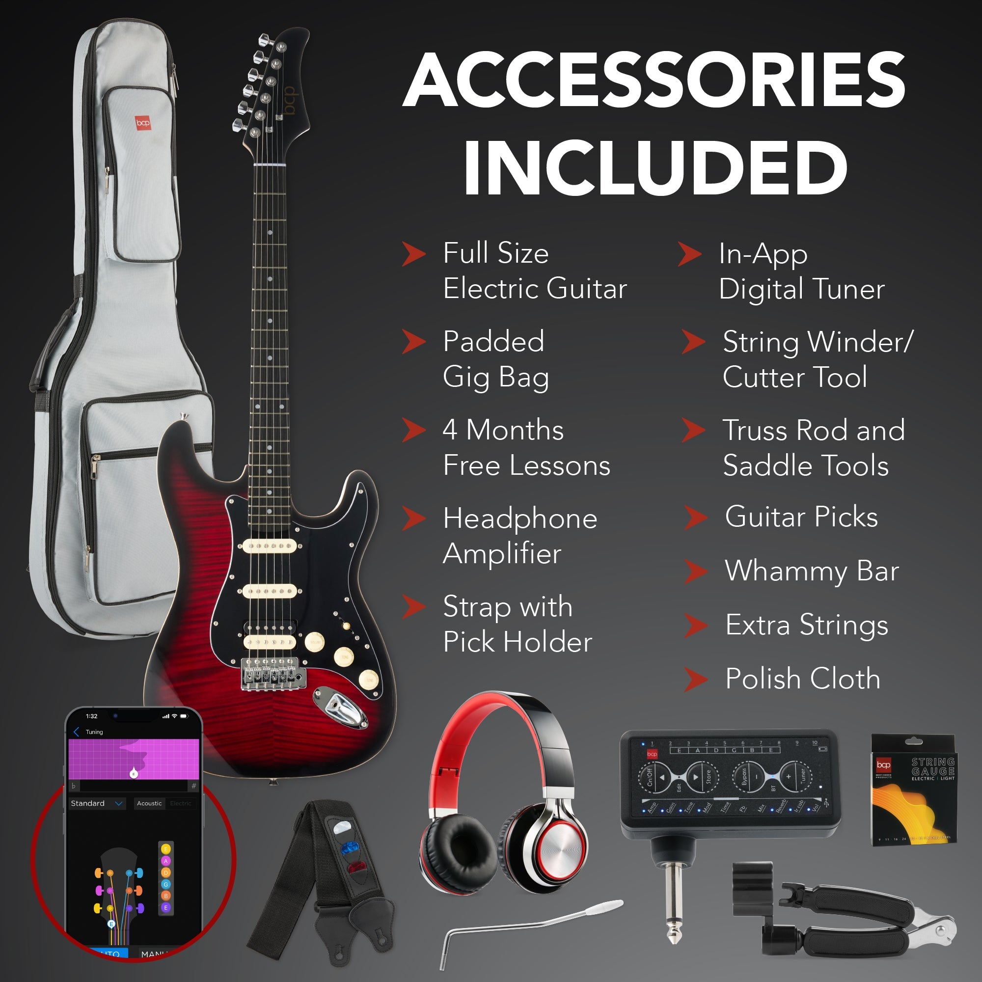 Beginner Electric Guitar Kit w/ Headphone Amp, Padded Gig Bag, Headphones