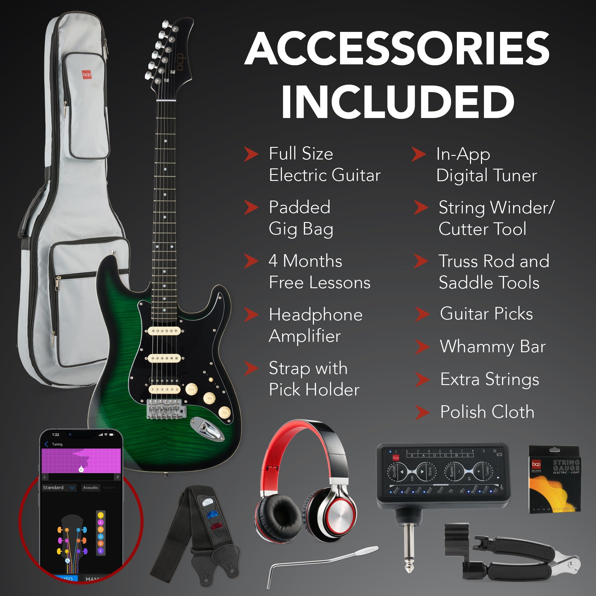 Beginner Electric Guitar Kit w/ Headphone Amp, Padded Gig Bag, Headphones