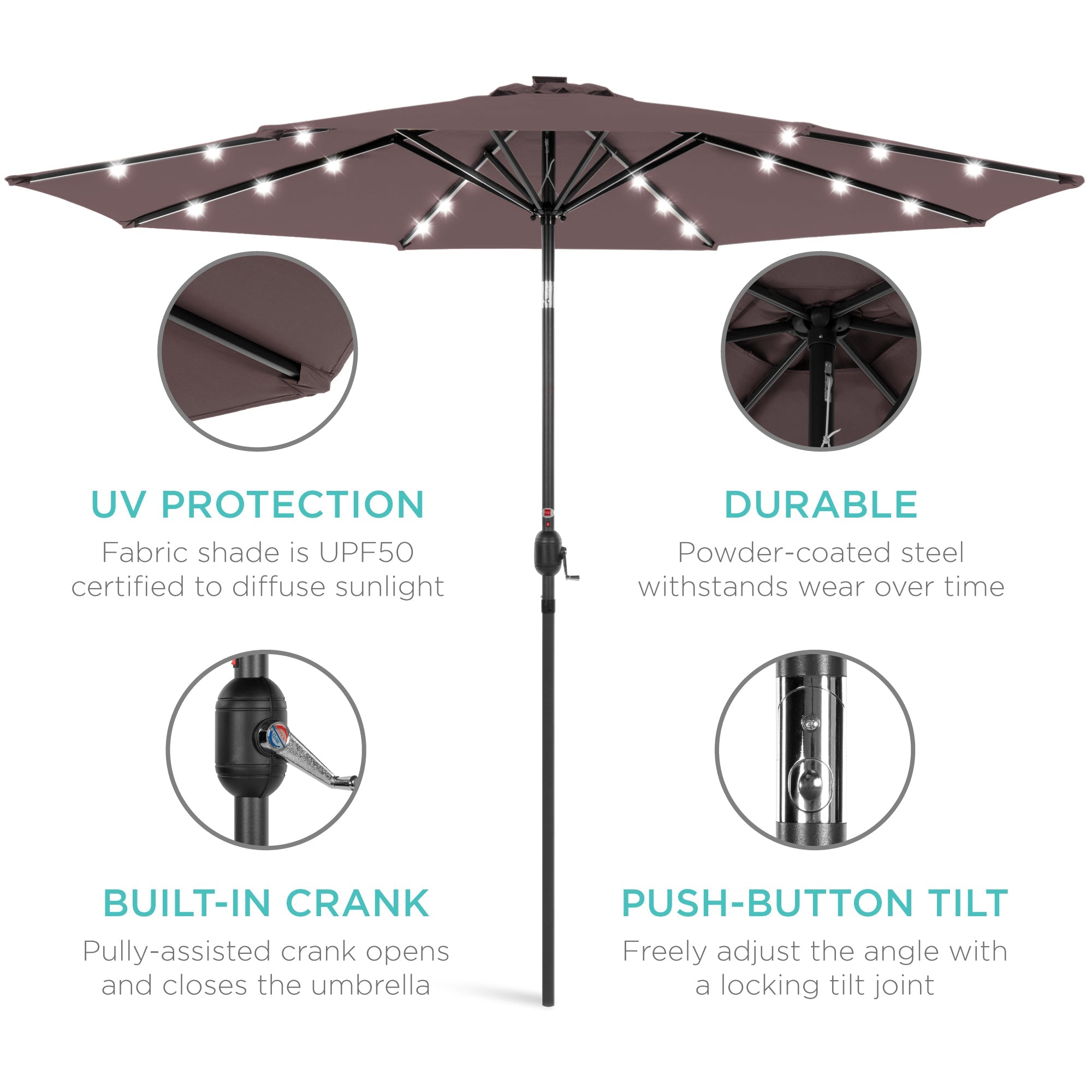 Solar LED Lighted Patio Umbrella w/ Tilt Adjustment, UV-Resistant - 10ft