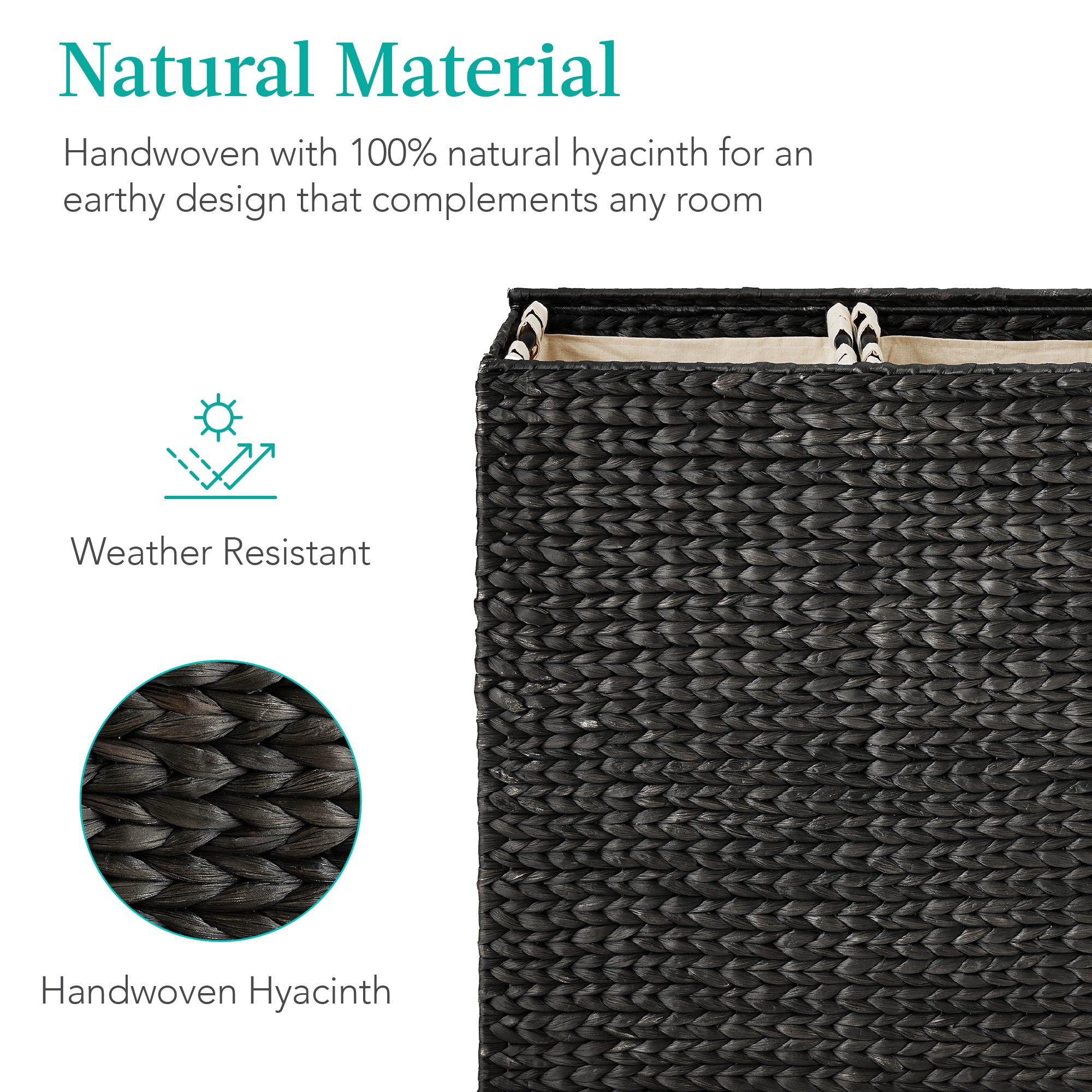 Large Water Hyacinth Double Laundry Hamper Basket w/ 2 Liner Bags