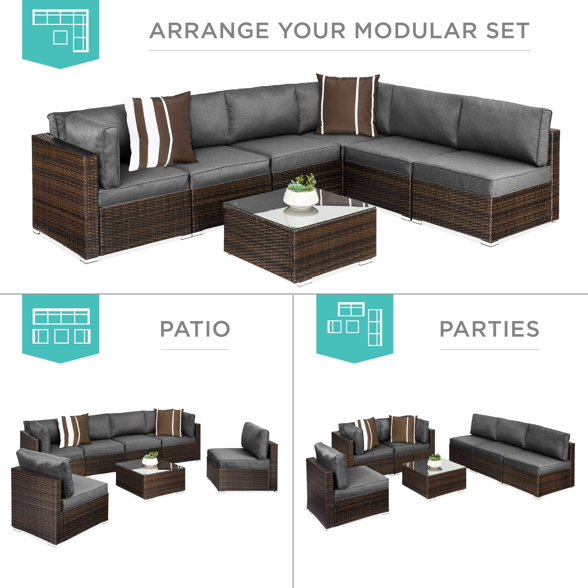 7-Piece Modular Wicker Sectional Conversation Set w/ 2 Pillows, Cover
