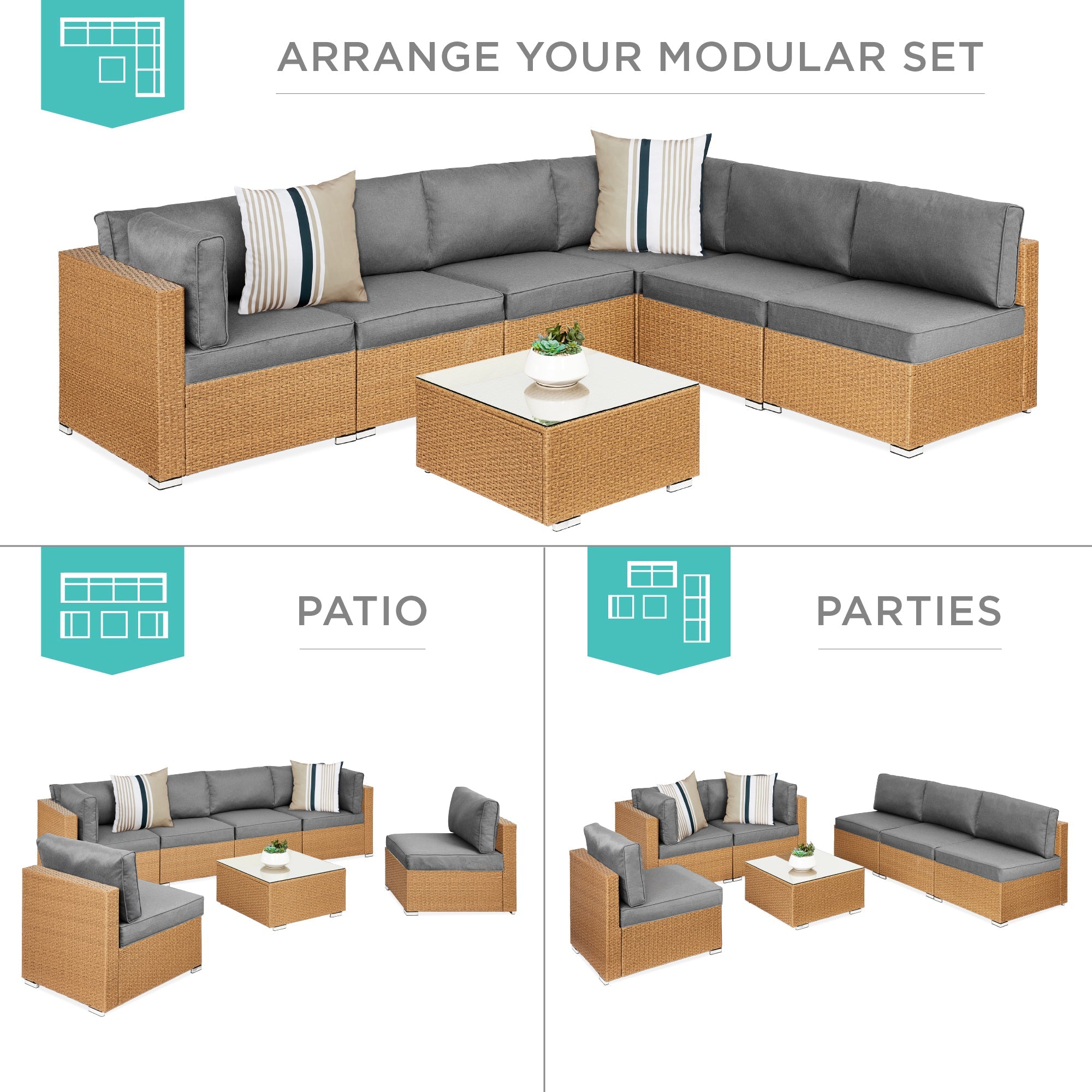 7-Piece Modular Wicker Sectional Conversation Set w/ 2 Pillows, Cover