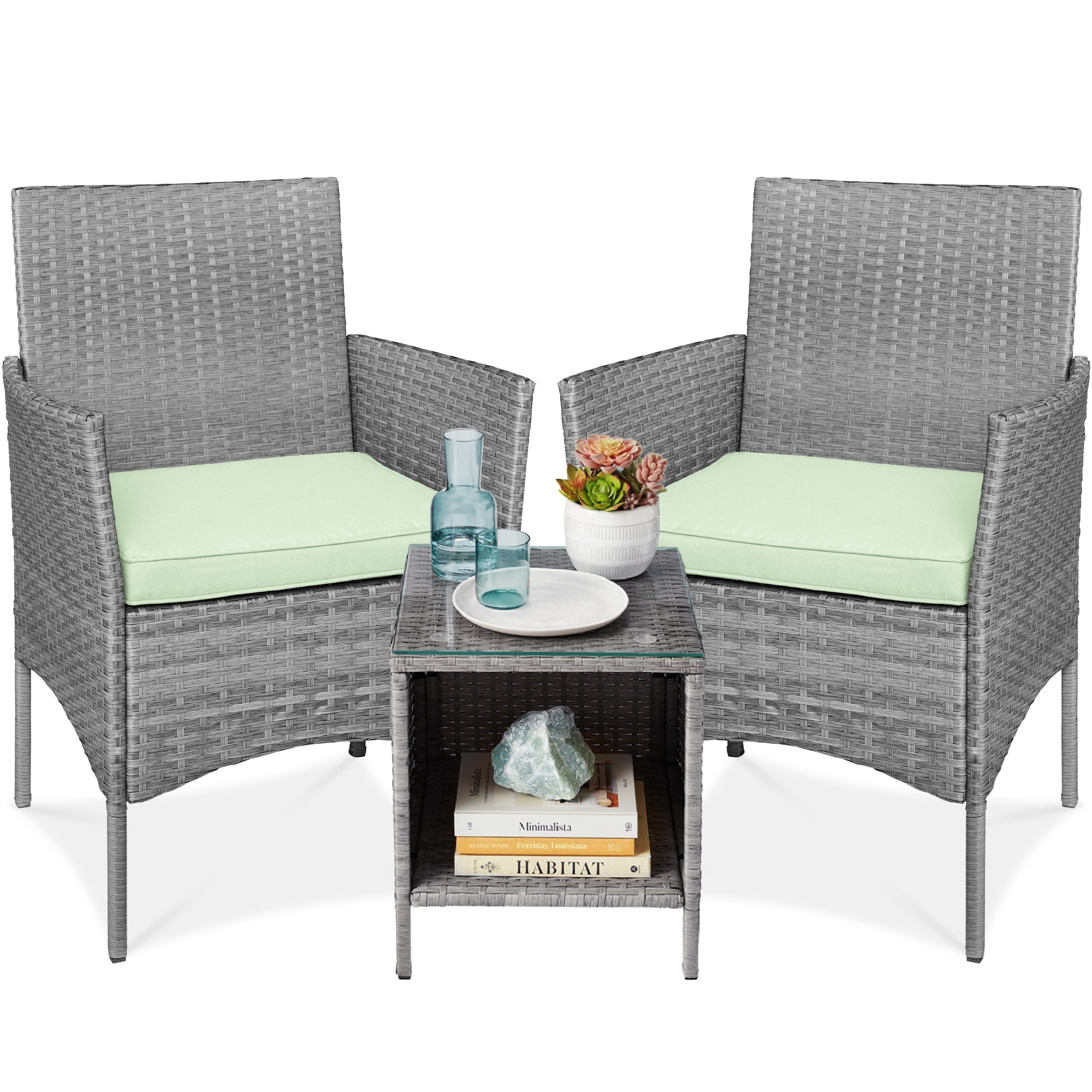 3-Piece Outdoor Patio Wicker Bistro Set w/ Side Storage Table