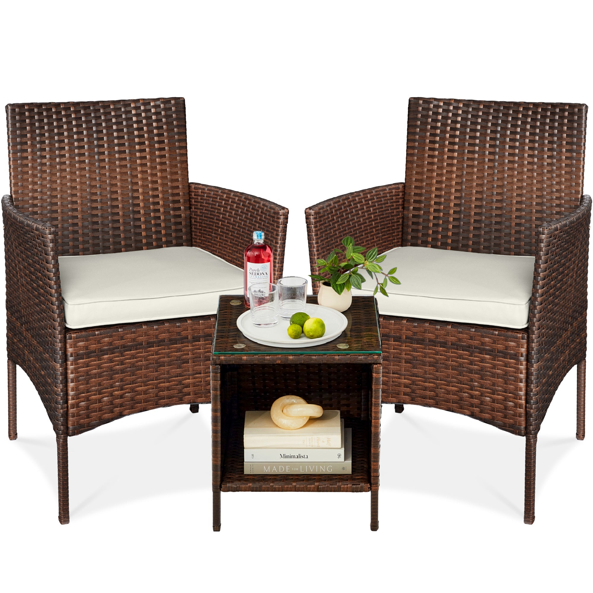 3-Piece Outdoor Patio Wicker Bistro Set w/ Side Storage Table