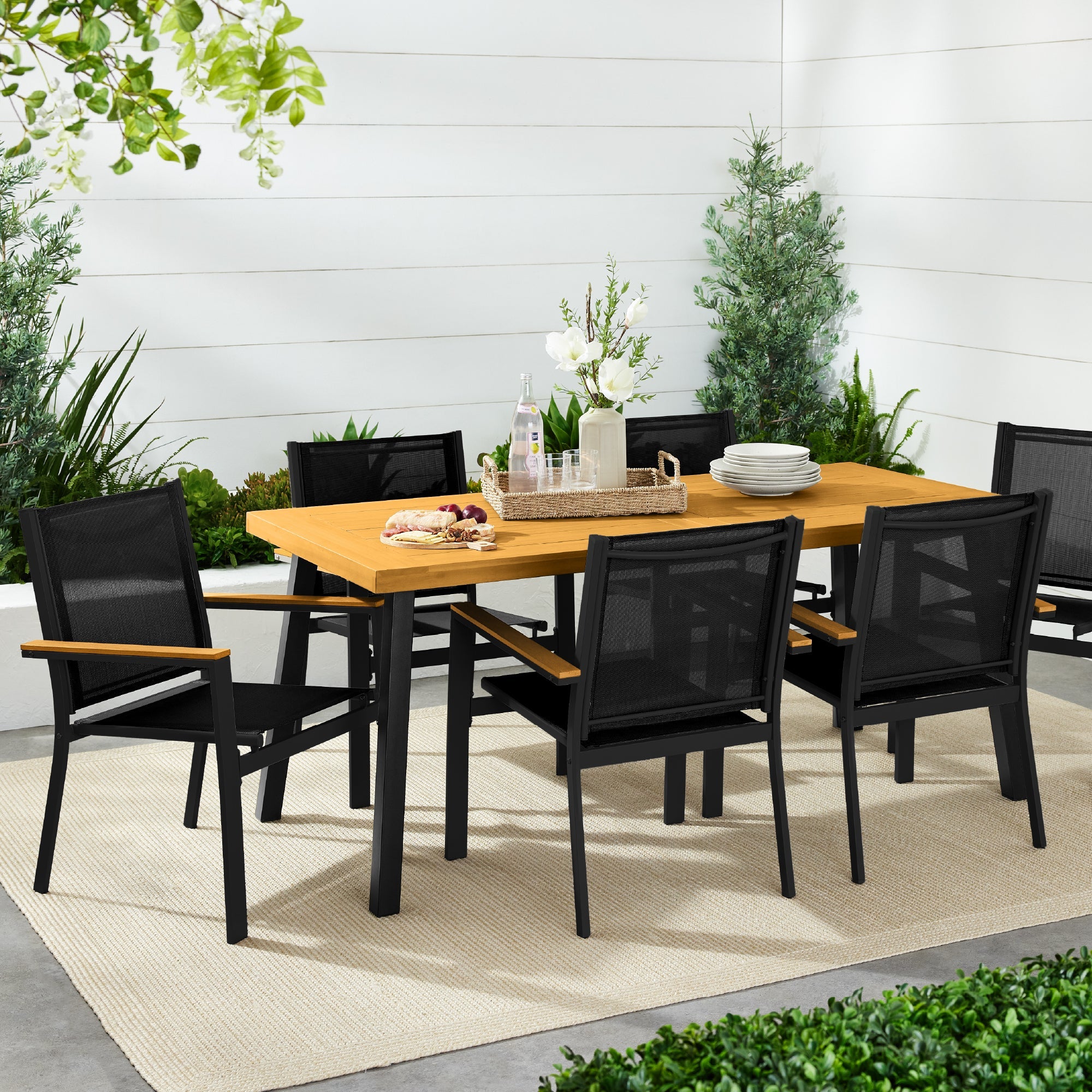 Set of 2 Stackable Textilene Chairs w/ Armrests, Dining Accent Furniture