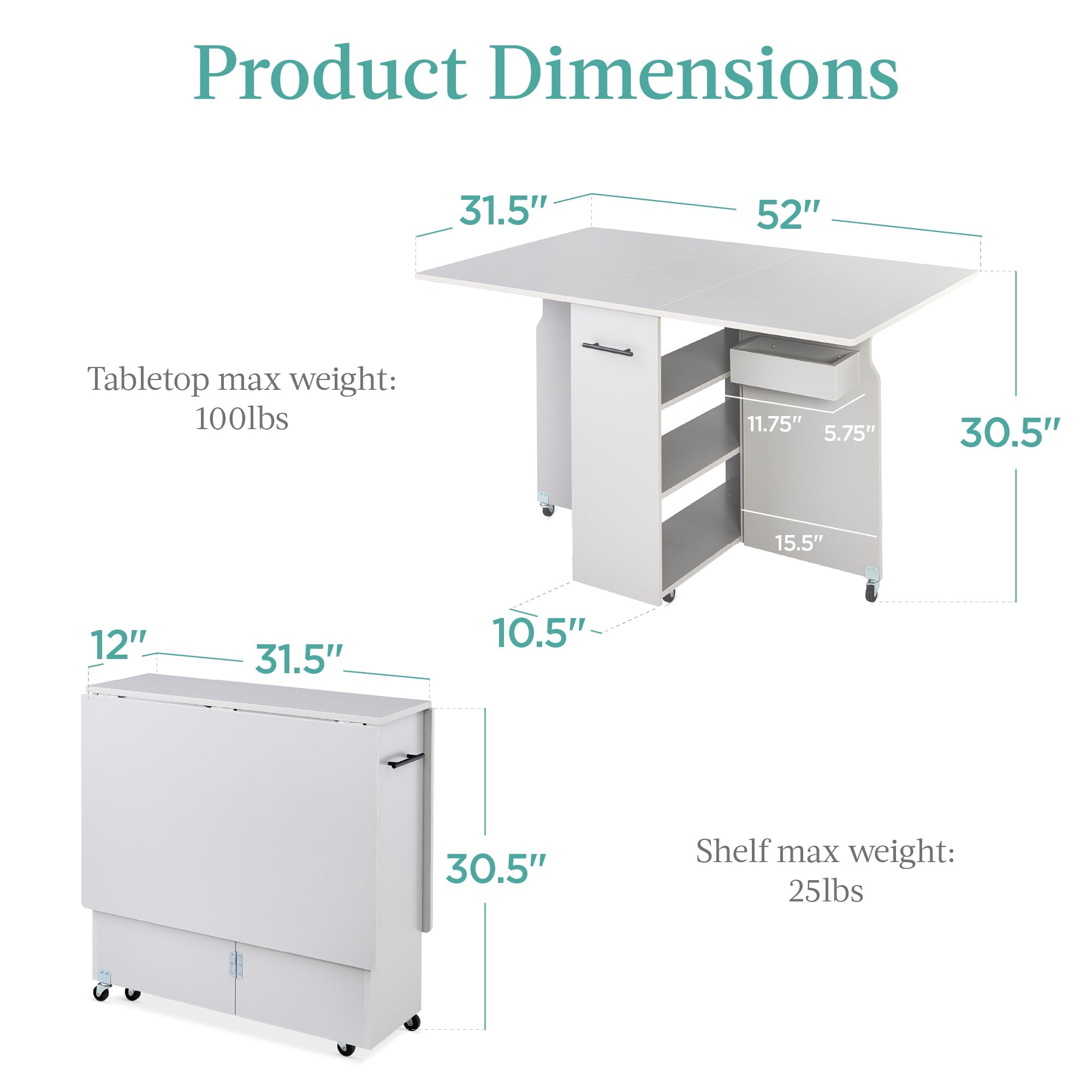 Multipurpose Folding Table w/ Wheels, 3 Storage Shelves, Cubby, Handle