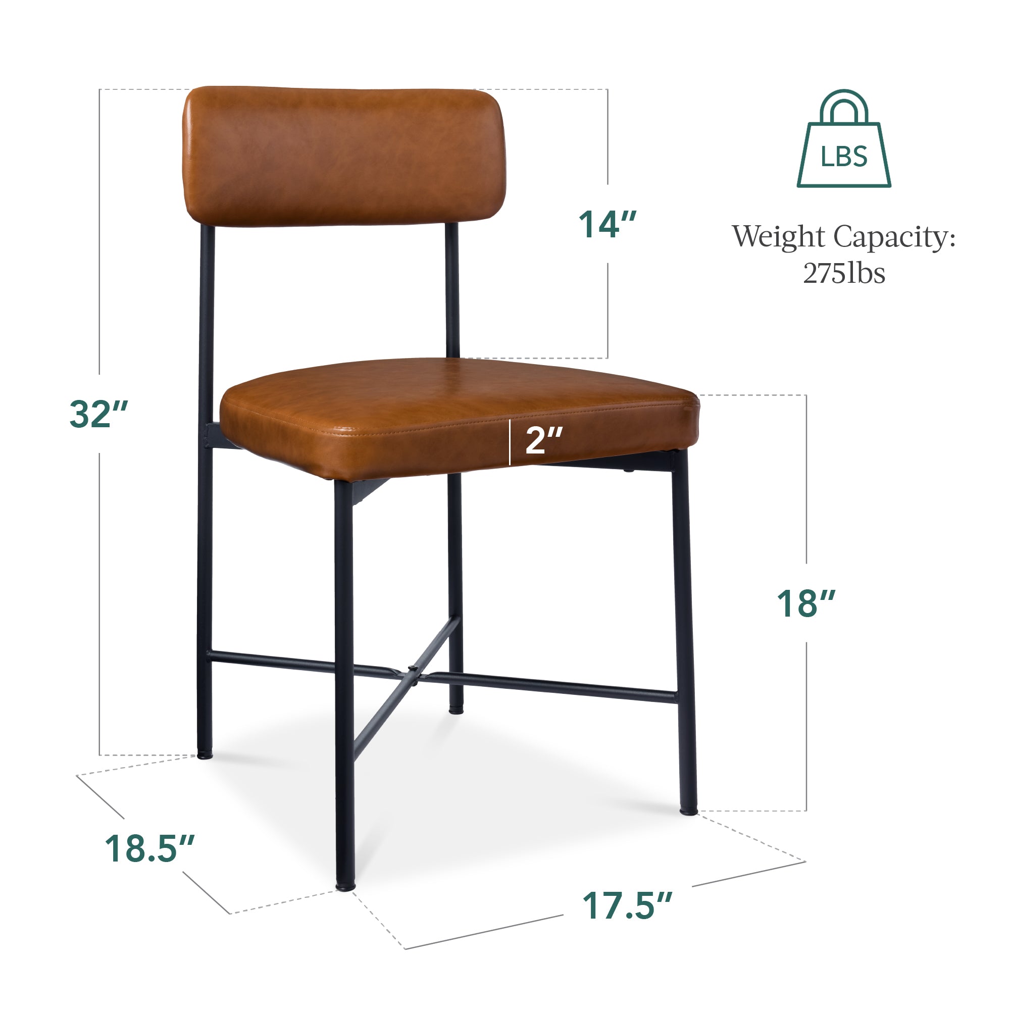 Dining Chair Set of 2, Faux Leather, Standard Height, Metal Frame