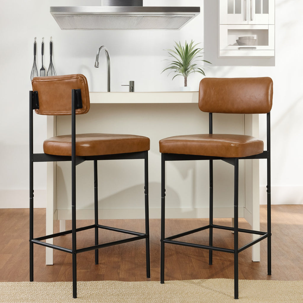 Set of 2 Armless Counter Height Bar Stools, Modern PU Faux Leather Stools