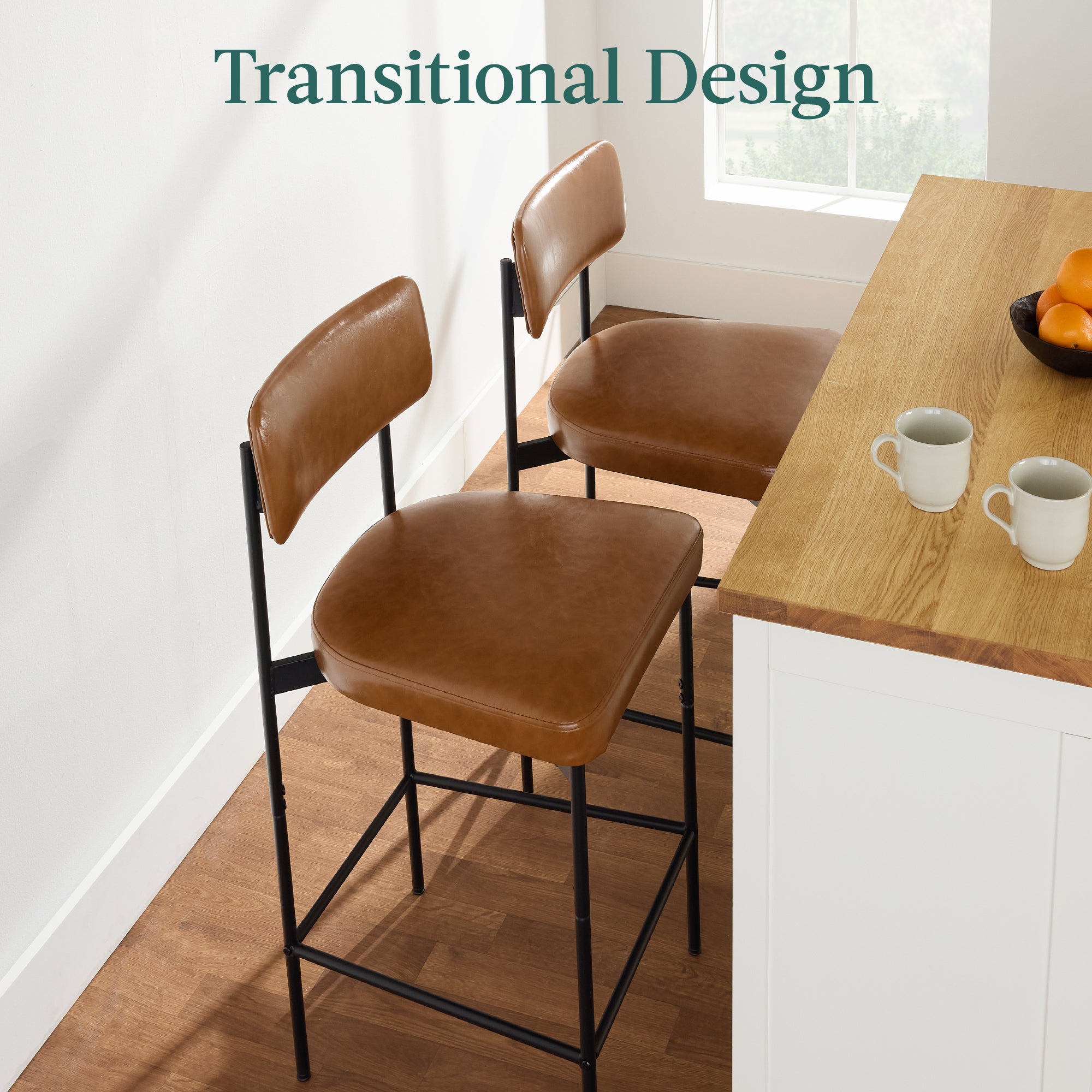 Set of 2 Armless Counter Height Bar Stools, Modern PU Faux Leather Stools