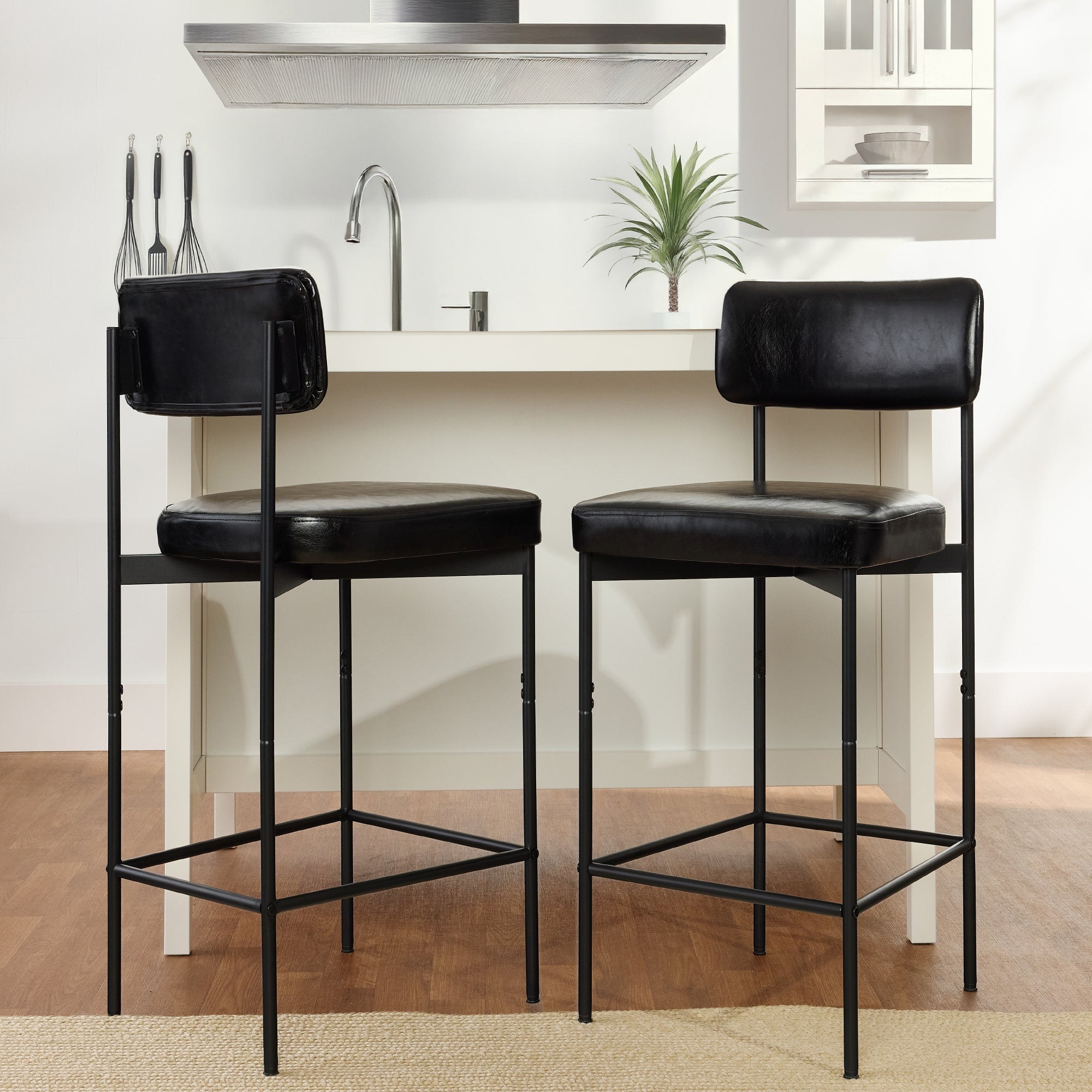 Set of 2 Armless Counter Height Bar Stools, Modern PU Faux Leather Stools