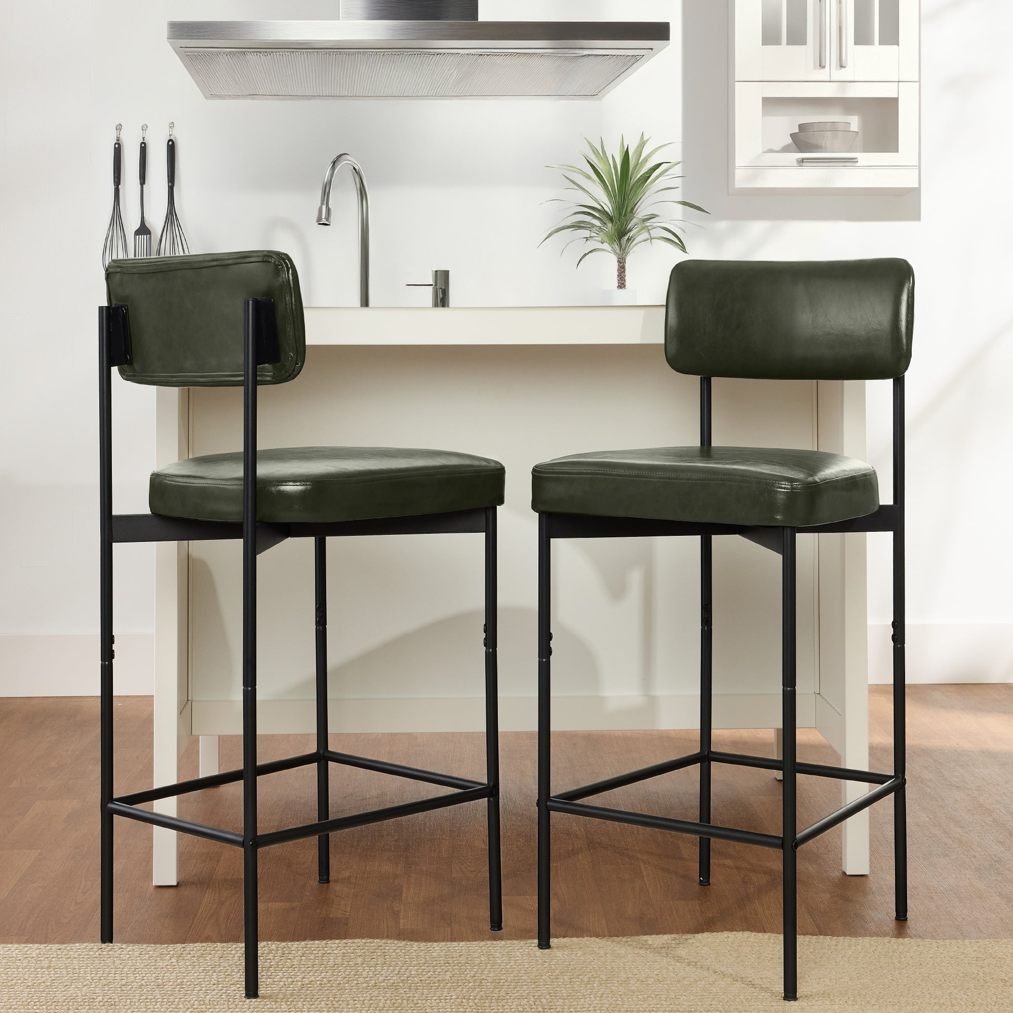 Set of 2 Armless Counter Height Bar Stools, Modern PU Faux Leather Stools