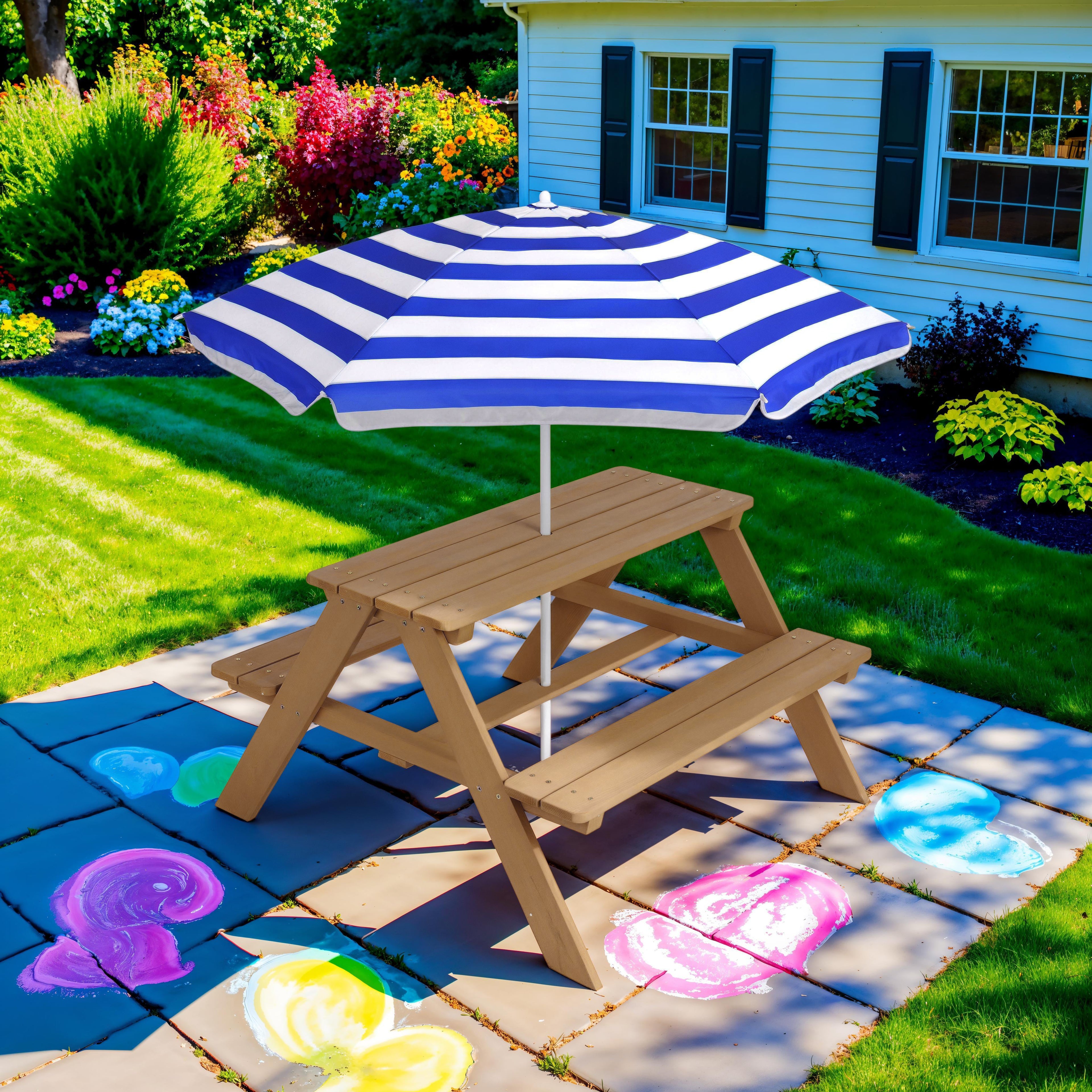 Kids Wooden Outdoor Picnic Table w/ Adjustable Umbrella, Built-In Seats