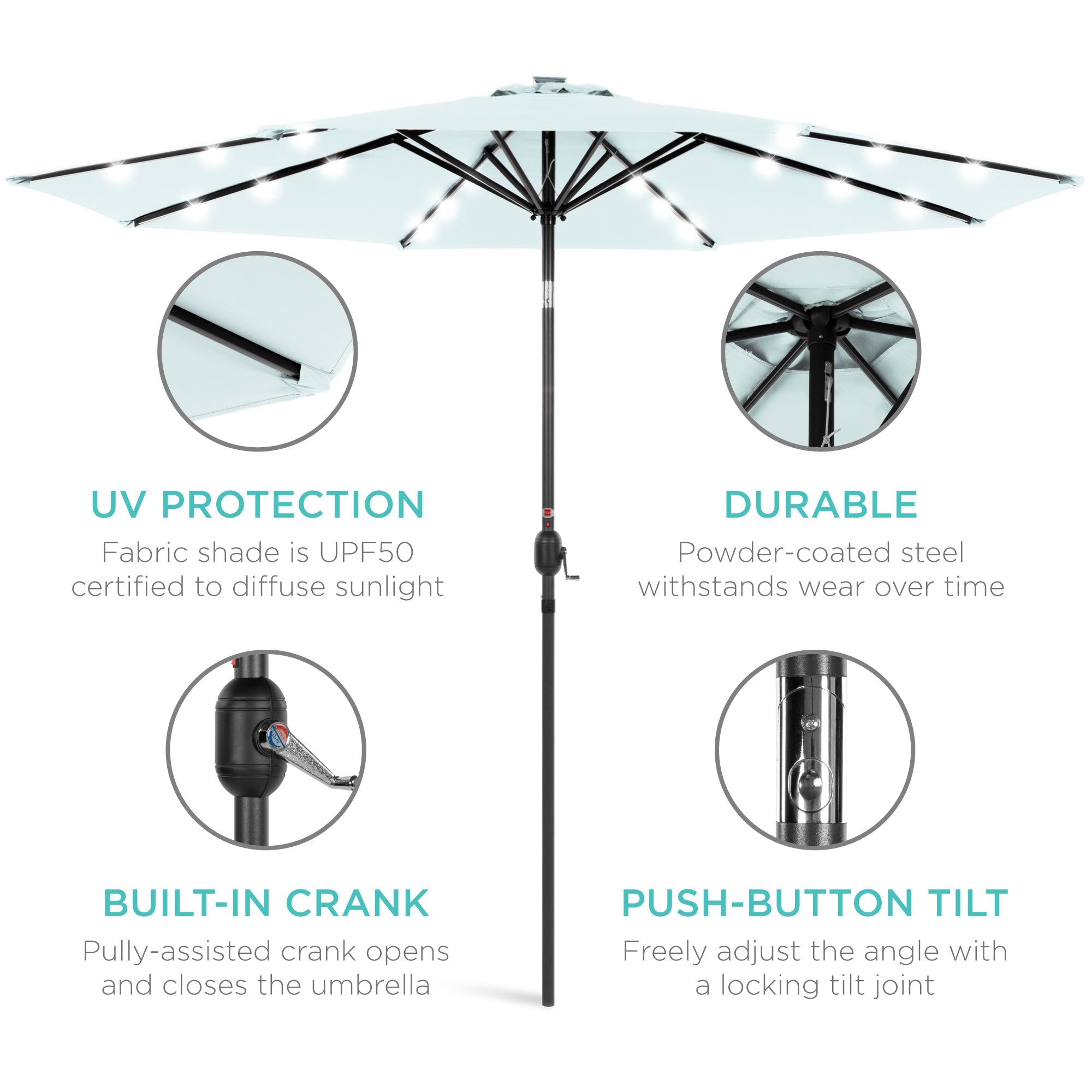 Solar LED Lighted Patio Umbrella w/ Tilt Adjustment, UV-Resistant - 10ft