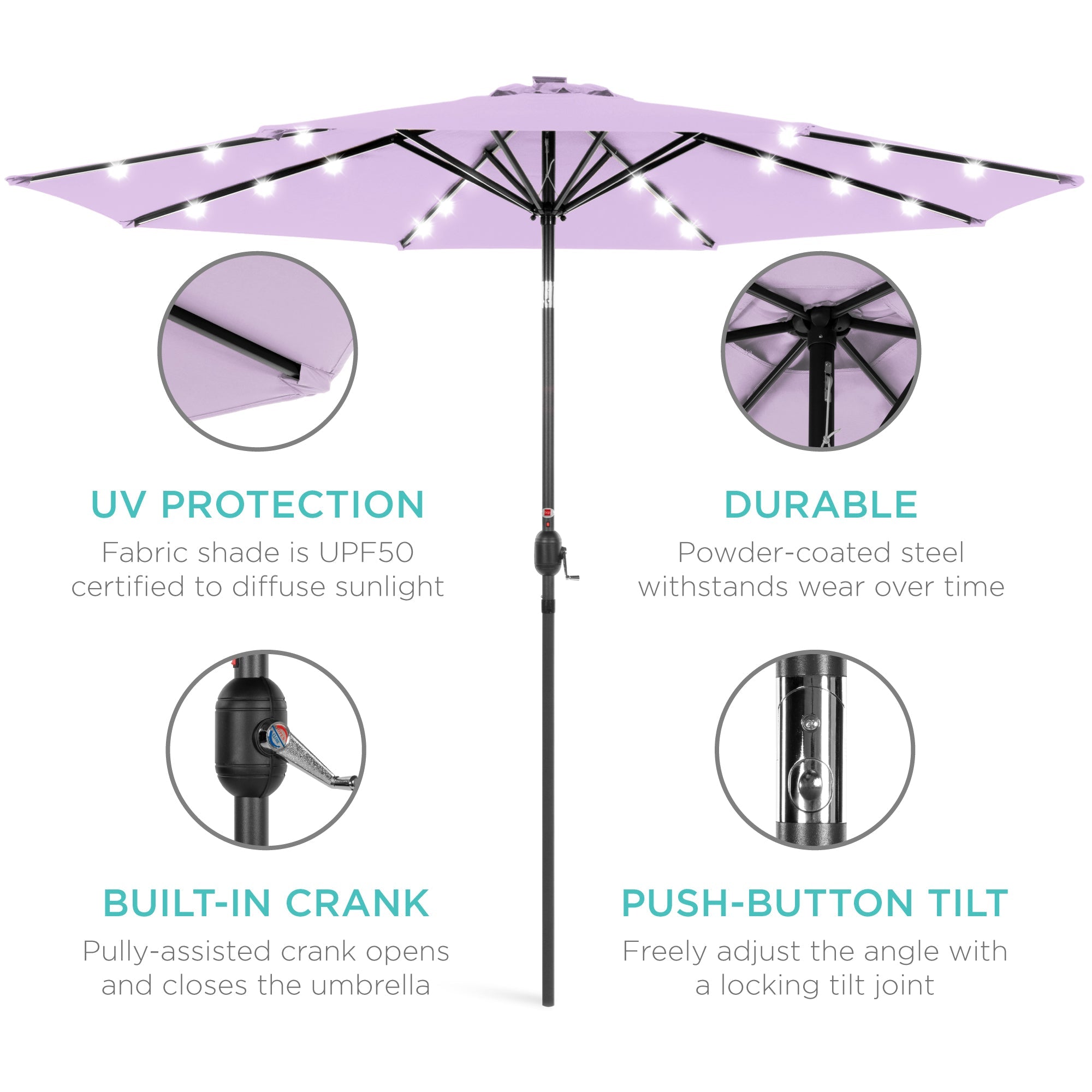 Solar LED Lighted Patio Umbrella w/ Tilt Adjustment, UV-Resistant - 10ft
