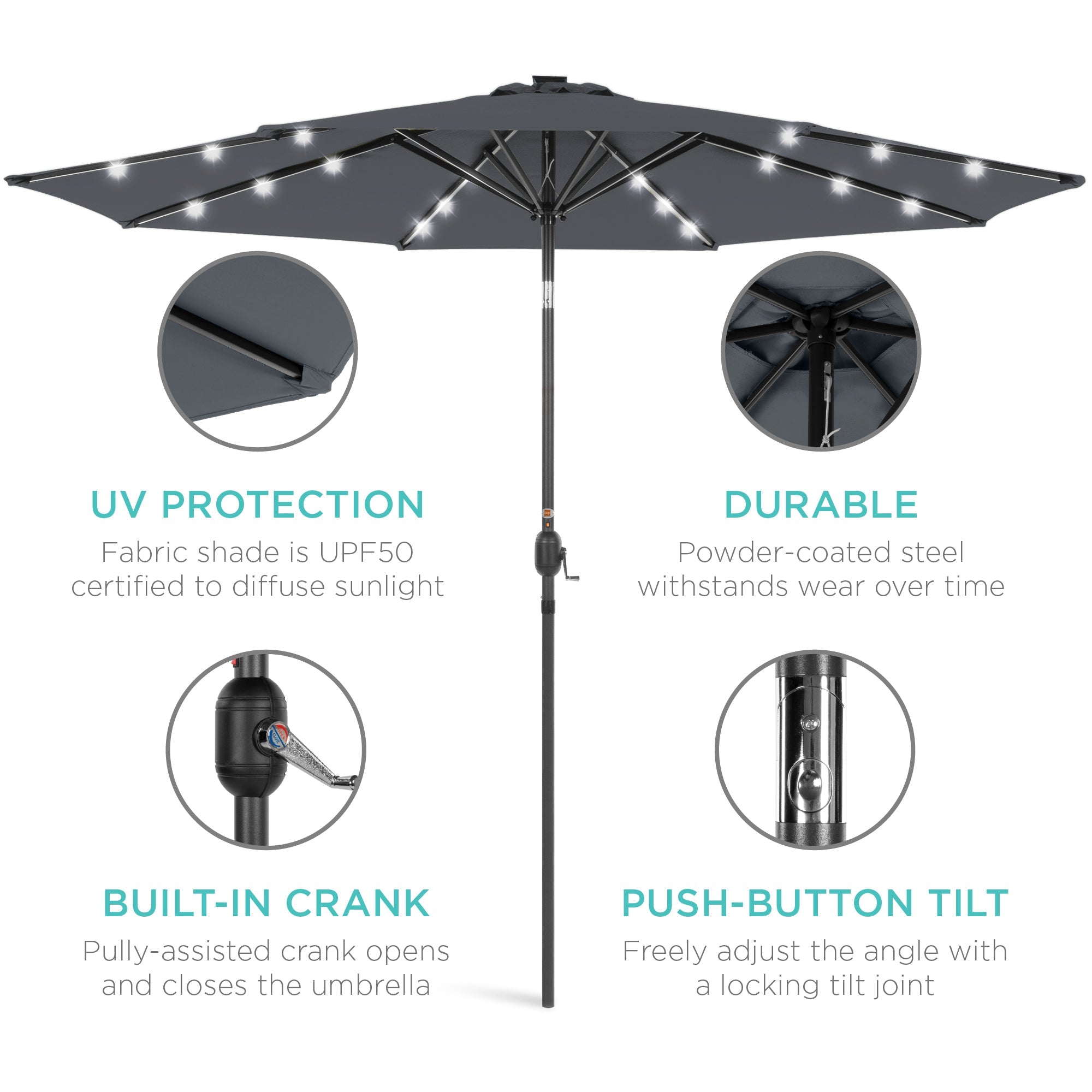 Solar LED Lighted Patio Umbrella w/ Tilt Adjustment, UV-Resistant - 10ft