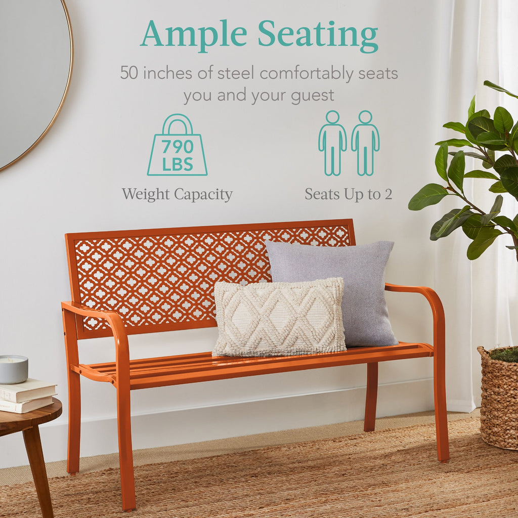 Indoor Outdoor Steel Bench w/ Geometric Backrest, Foot Levelers