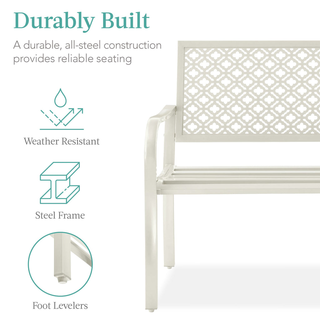 Indoor Outdoor Steel Bench w/ Geometric Backrest, Foot Levelers
