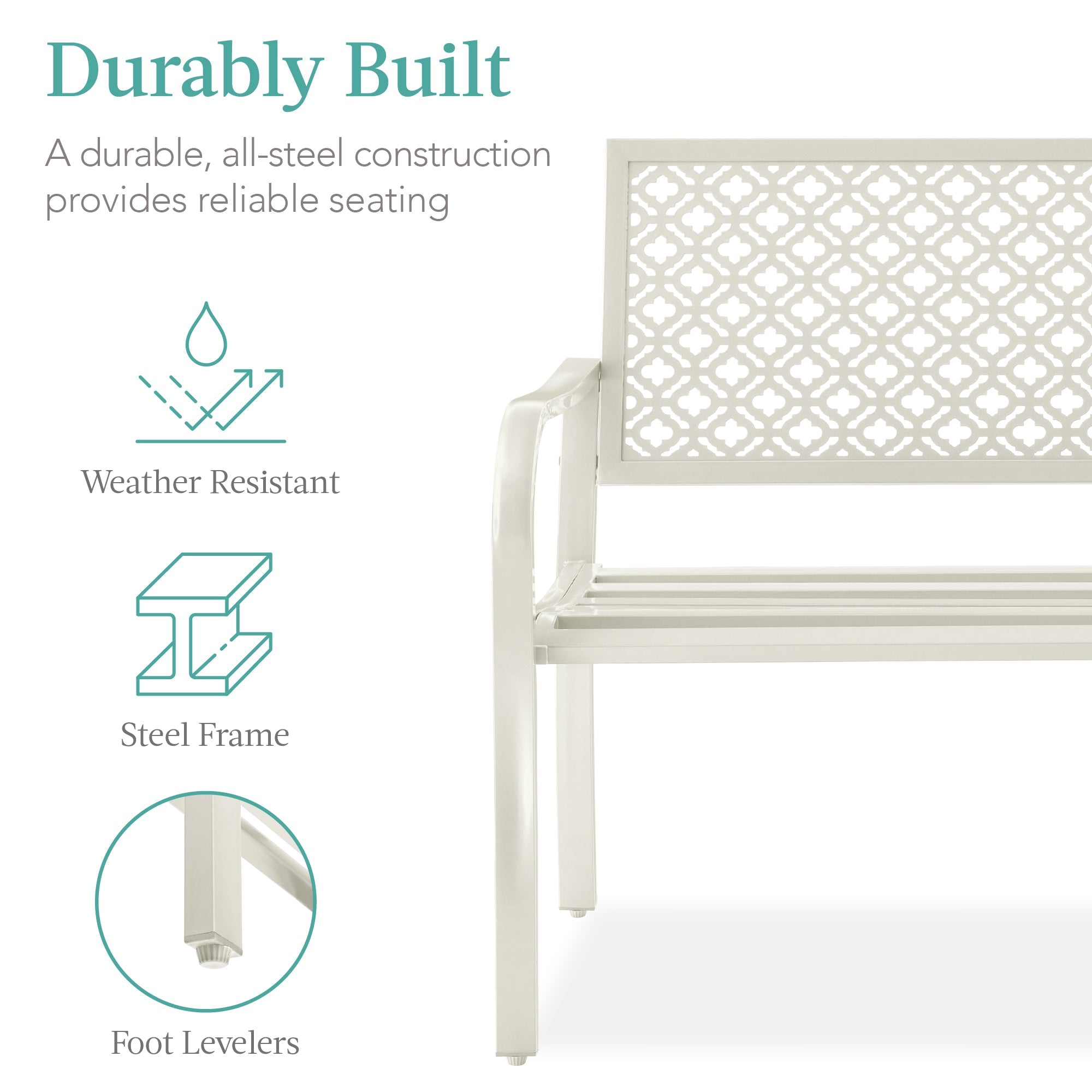 Indoor Outdoor Steel Bench w/ Geometric Backrest, Foot Levelers