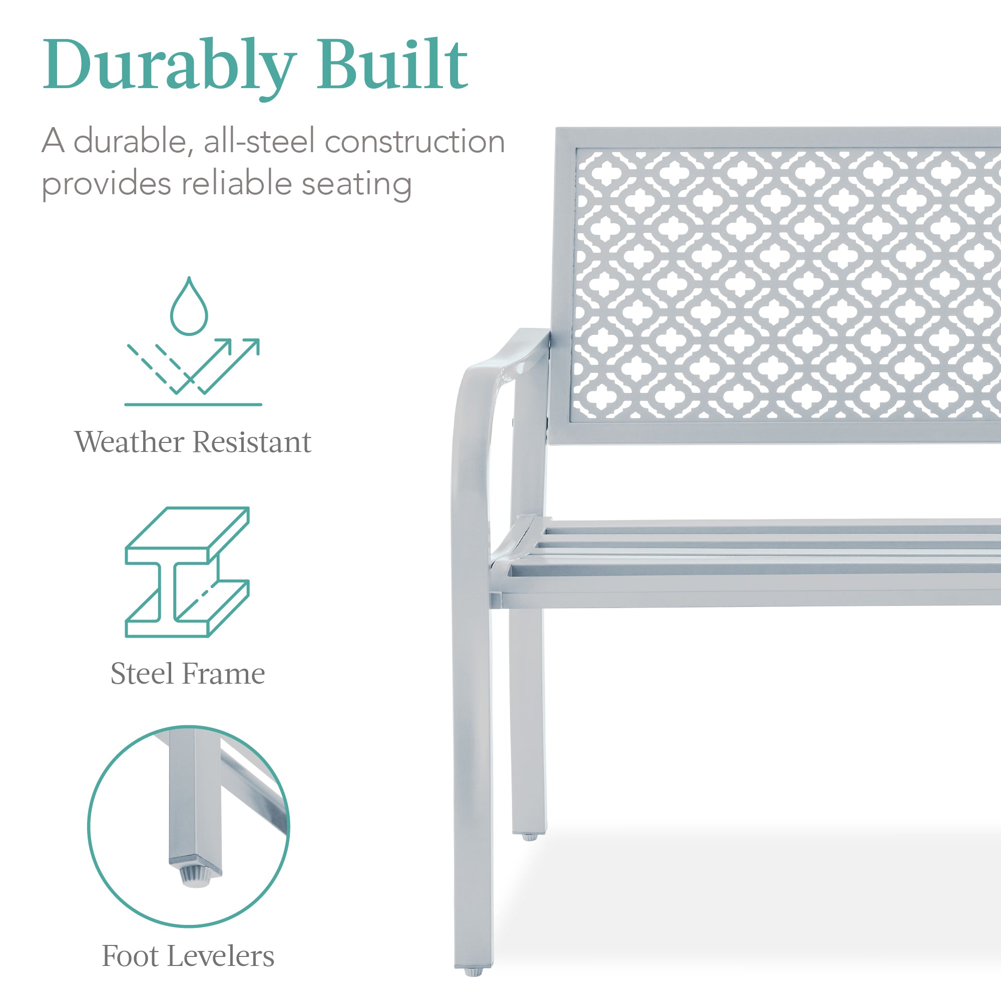 Indoor Outdoor Steel Bench w/ Geometric Backrest, Foot Levelers