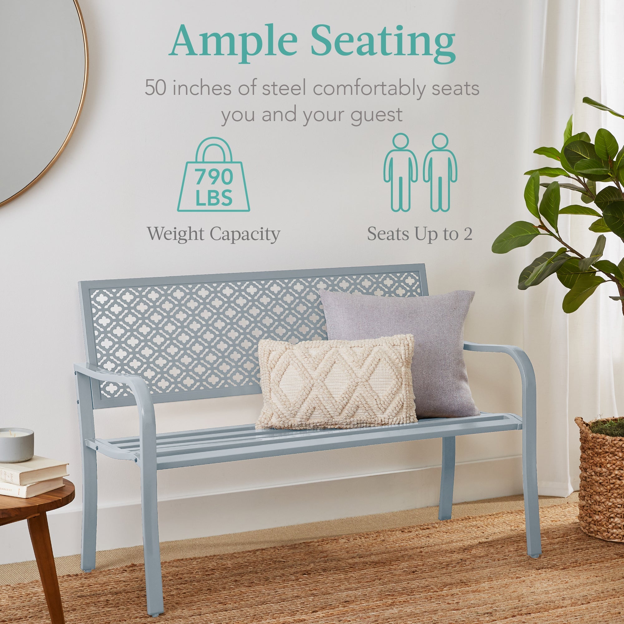 Indoor Outdoor Steel Bench w/ Geometric Backrest, Foot Levelers